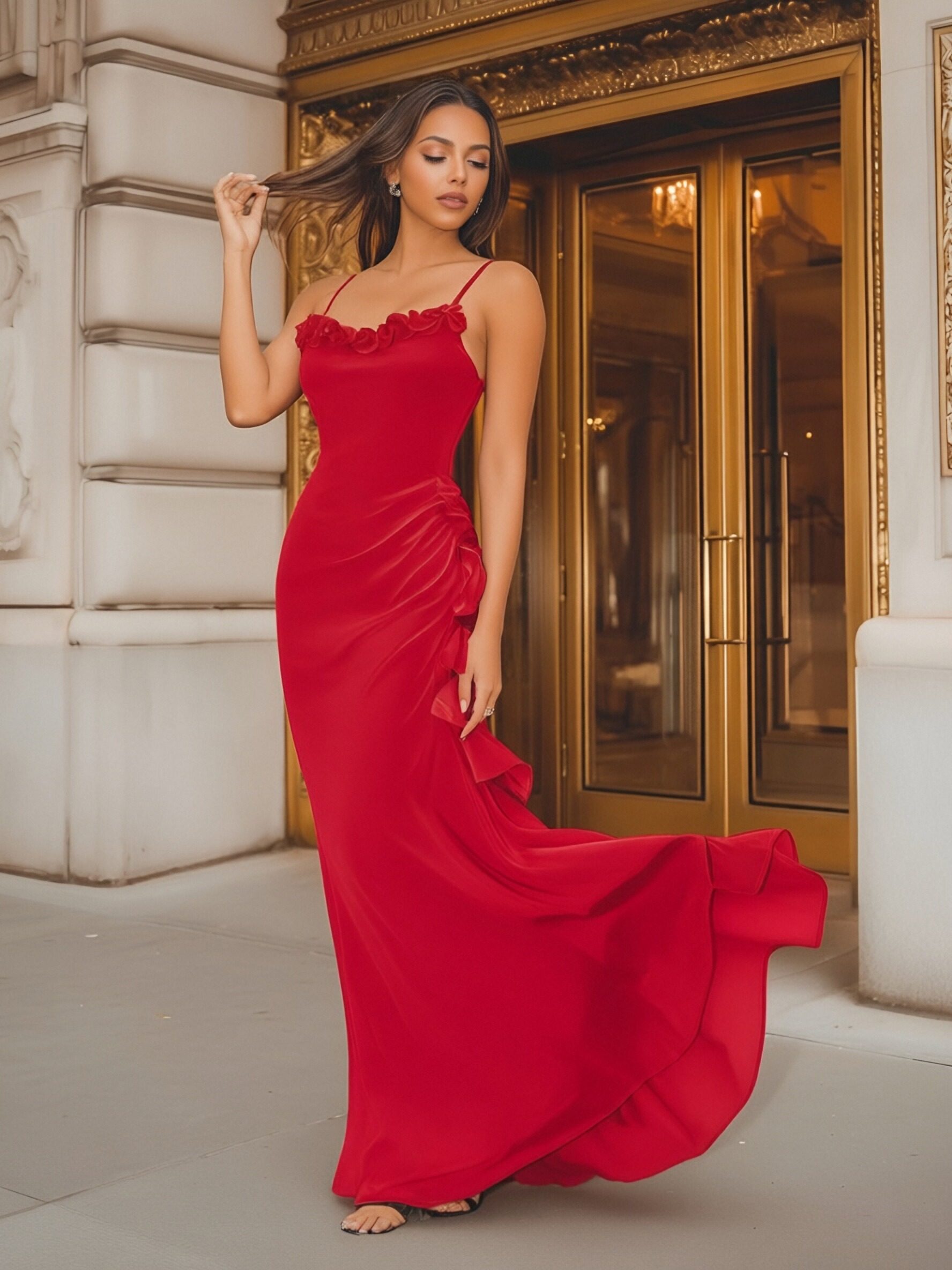 Spaghetti Straps Cowl Neck Velvet Ruffles Pleated Mermaid Prom Dresses