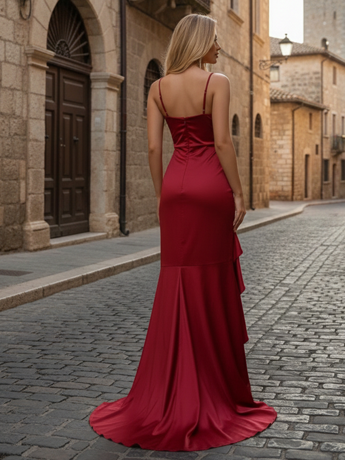 Spaghetti Strpas Satin Prom Dresses for Women with Ruffles