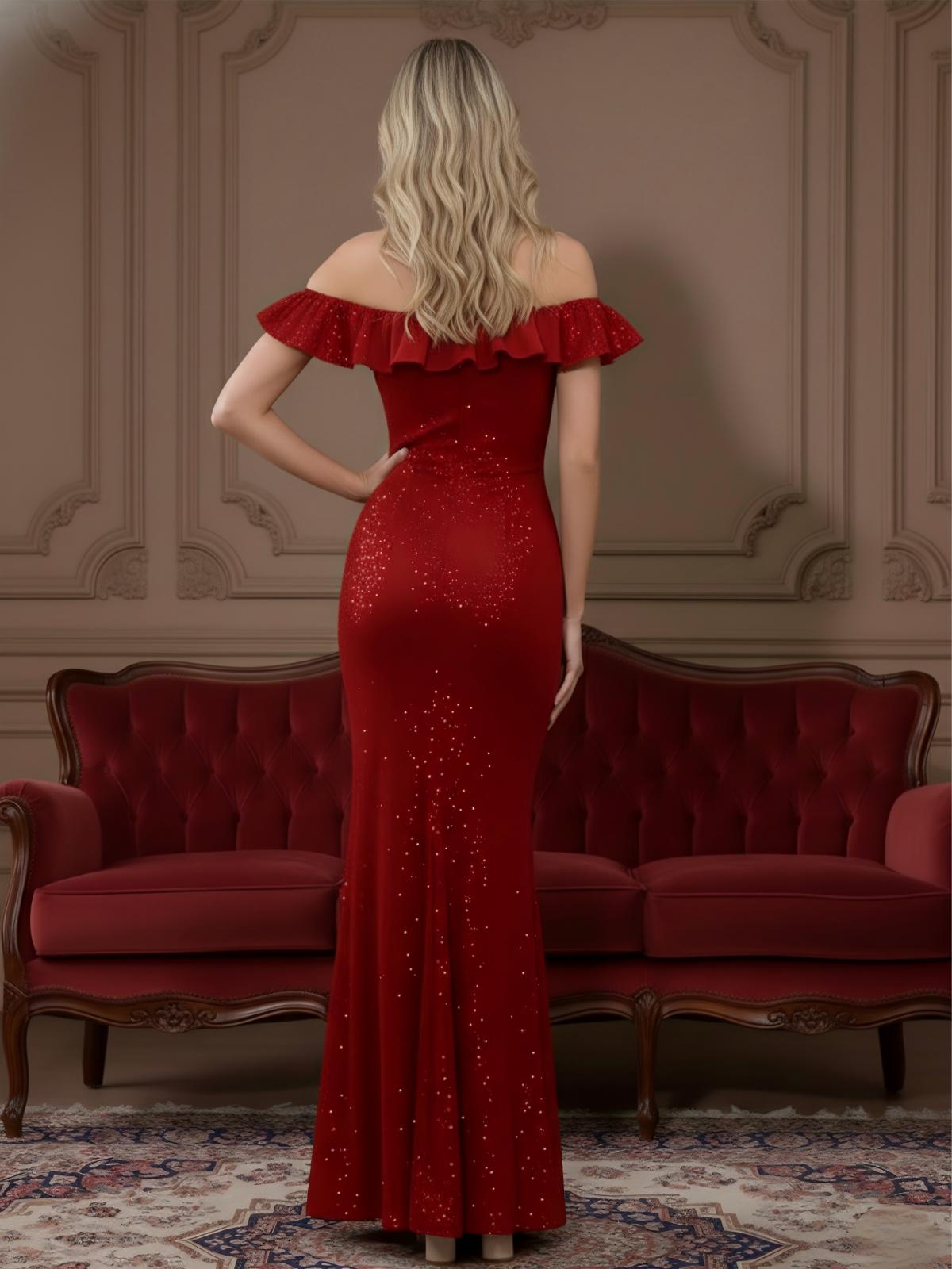 Sequin Off the Shoulder Mermaid Ruffles Sleeveless Prom Dresses