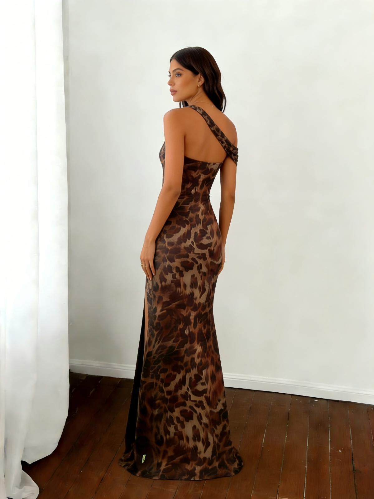 One Shoulder Leopard Long Sexy Prom Dresses for Women with Slit