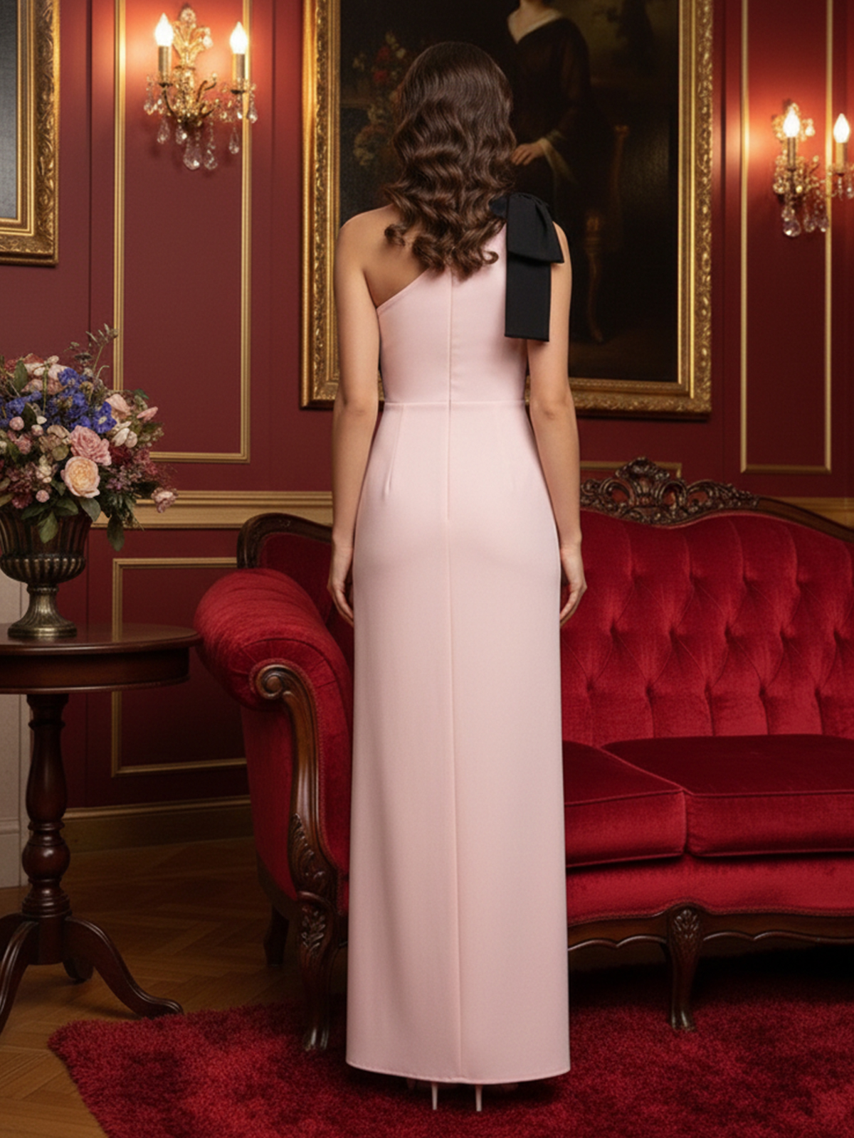 Sheath One Shoulder Satin Floor Length Prom Party Dresses with Slit Bow