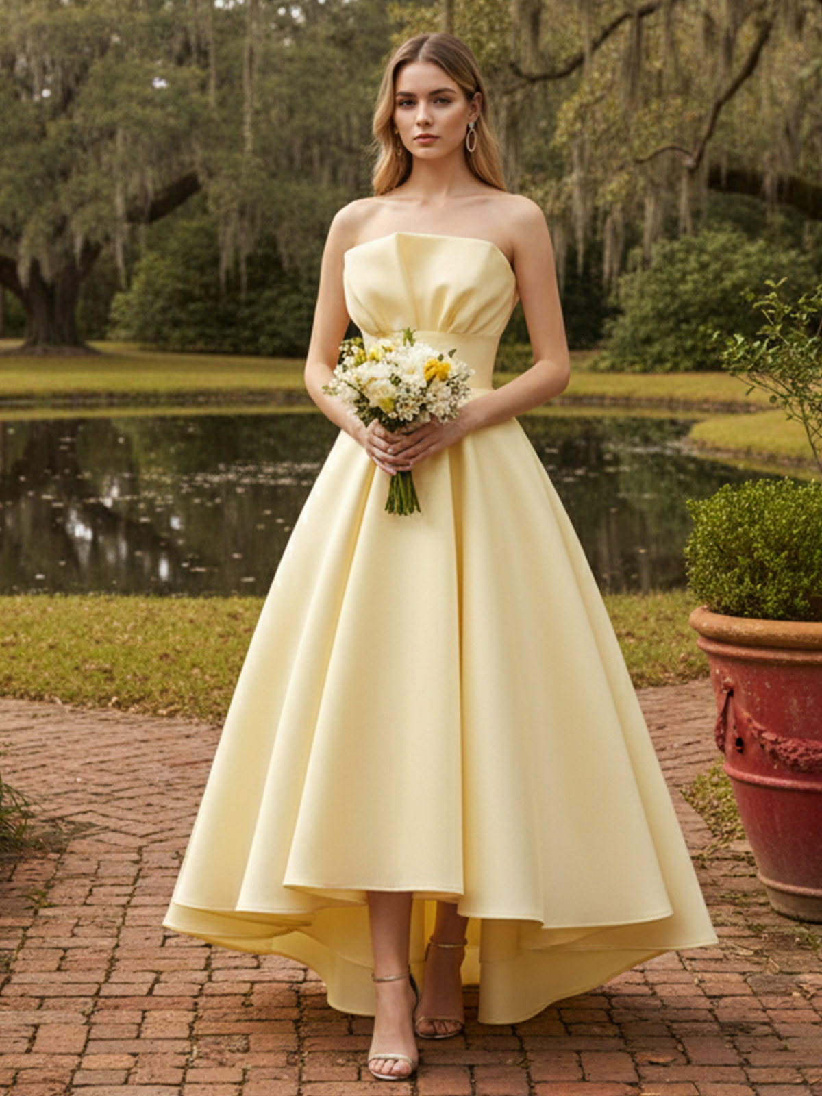 A line Strapless High Low Sleeveless Prom Dresses with Pleats Belt