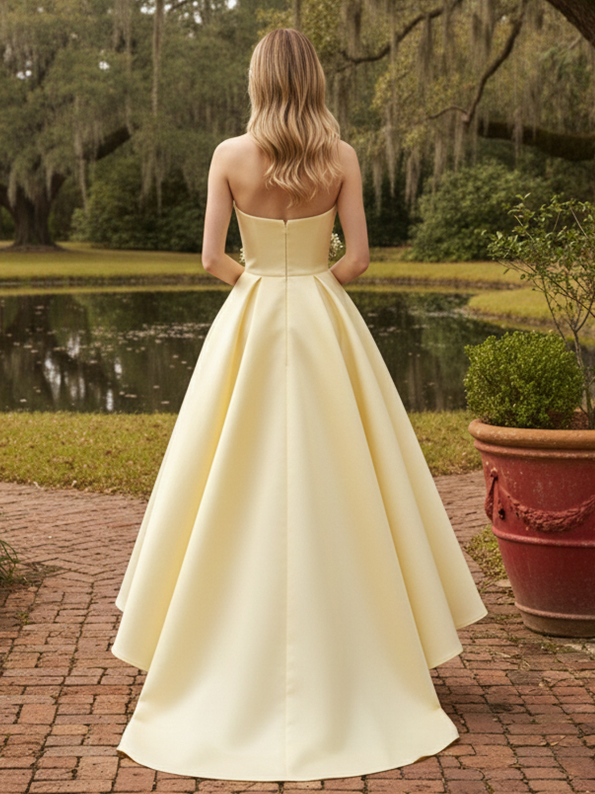 A line Strapless High Low Sleeveless Prom Dresses with Pleats Belt