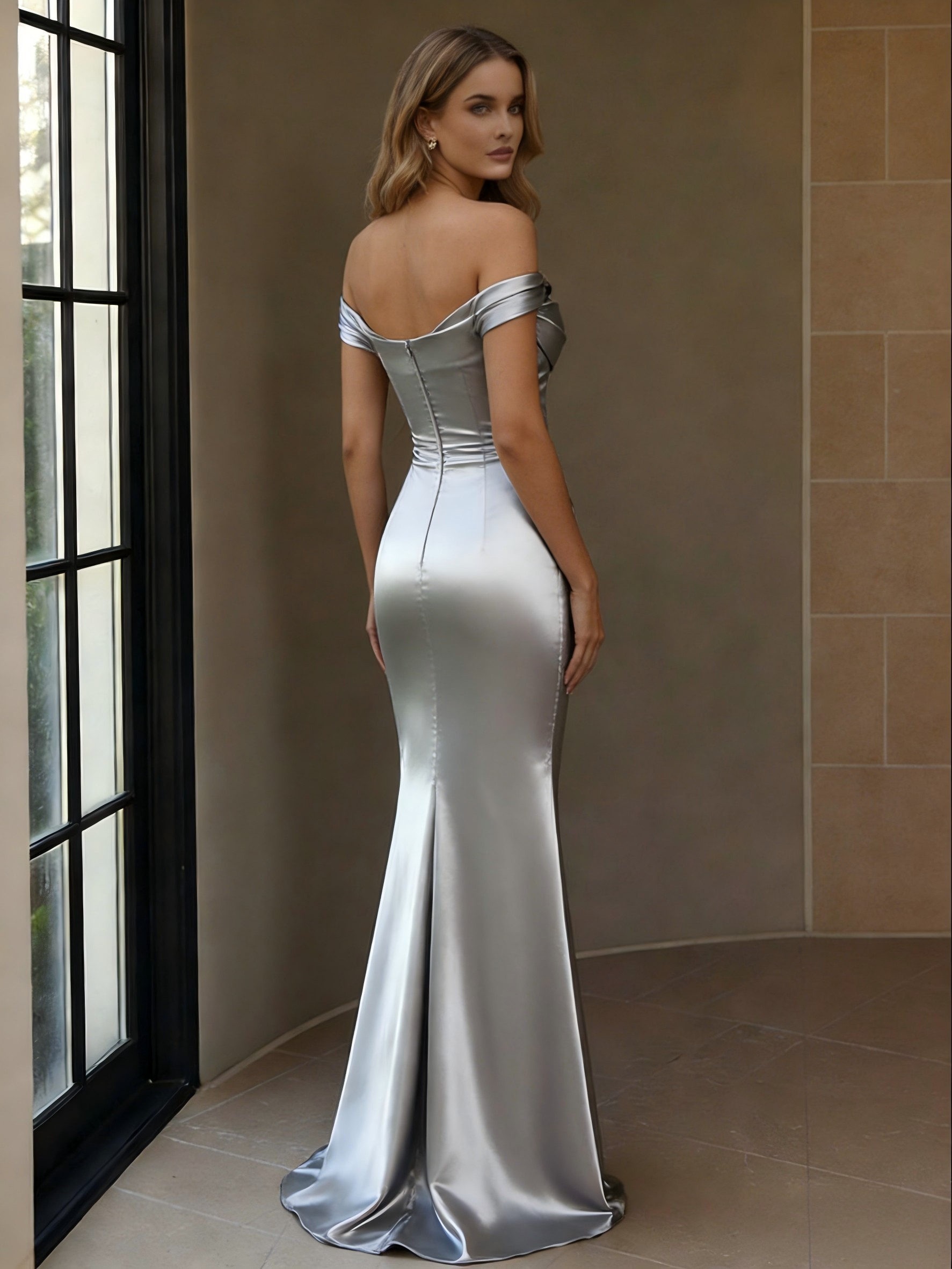 Off the Shoulder Satin Floor Length Prom Dresses