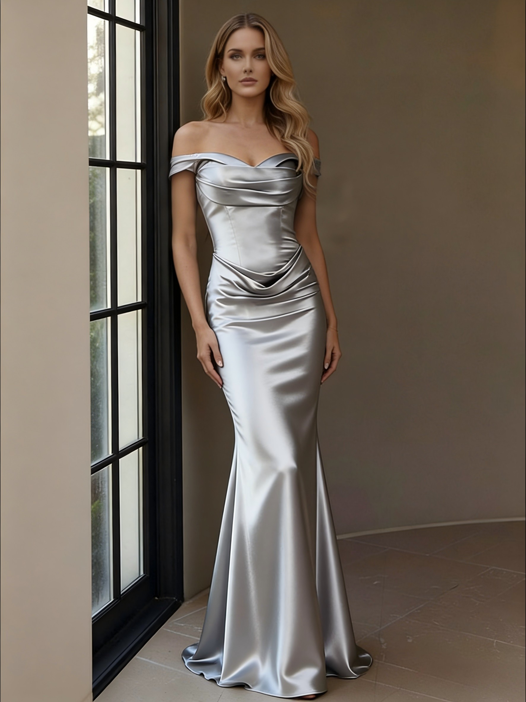 Off the Shoulder Satin Floor Length Prom Dresses