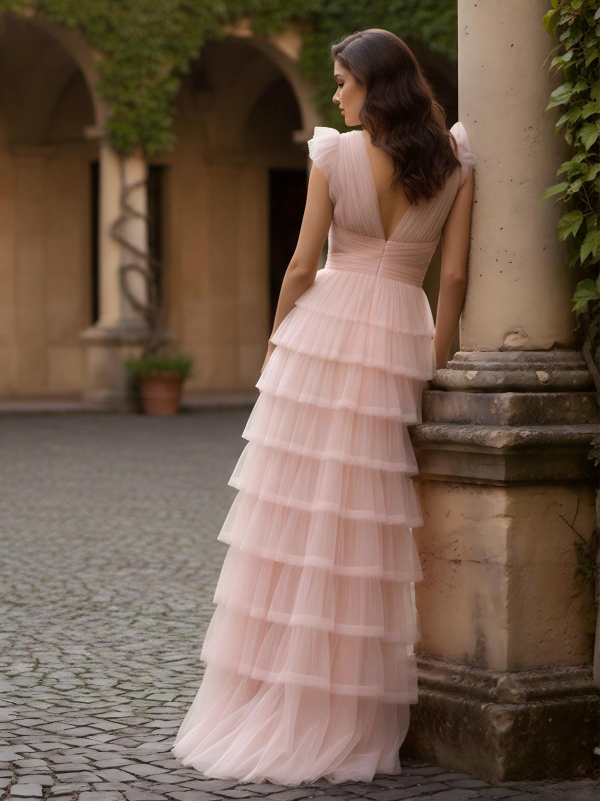 Tiered Tulle V Neck A Line Prom Dresses for Women