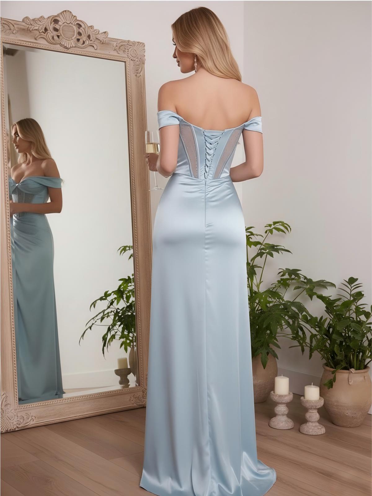 Satin Tulle Mermaid Sweetheart Off the Shoulder Pleated Prom Dresses with Slit