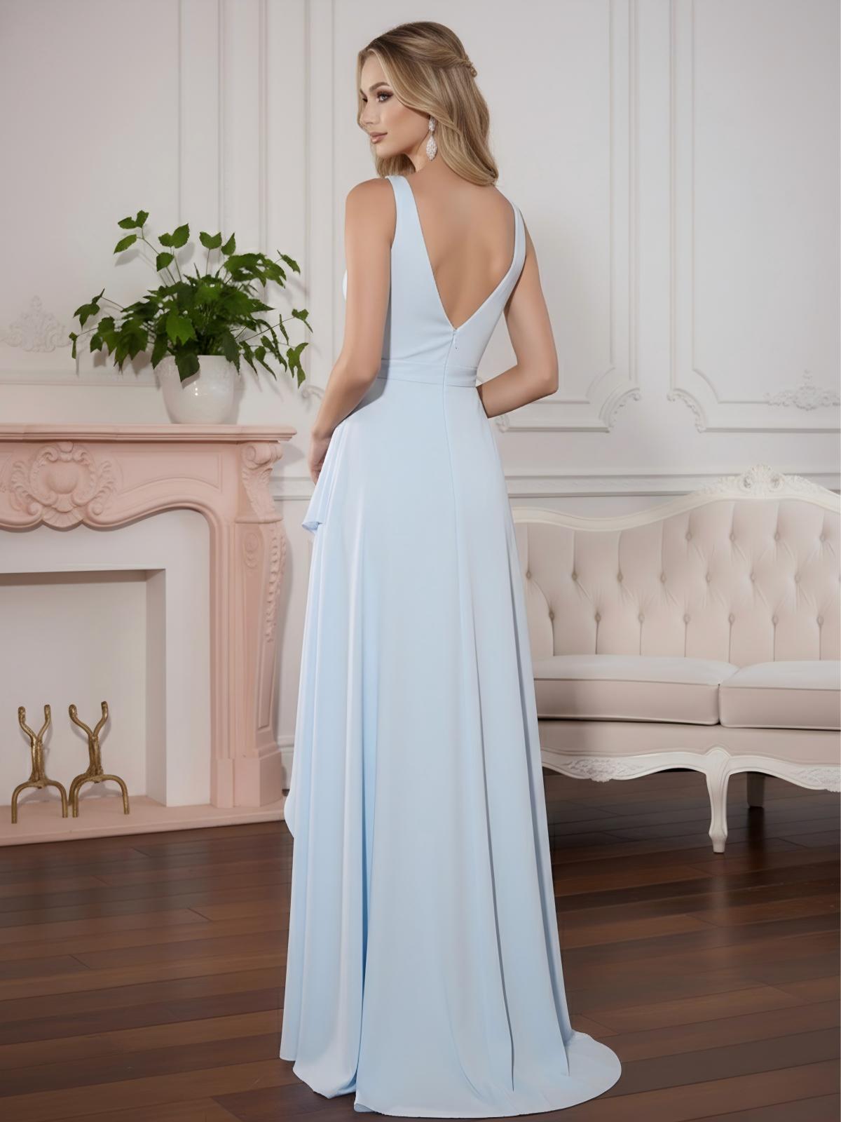 Chiffon V Neck Sleeveless A Line Spaghetti Straps Ruffles High Low Prom Dresses with Slit