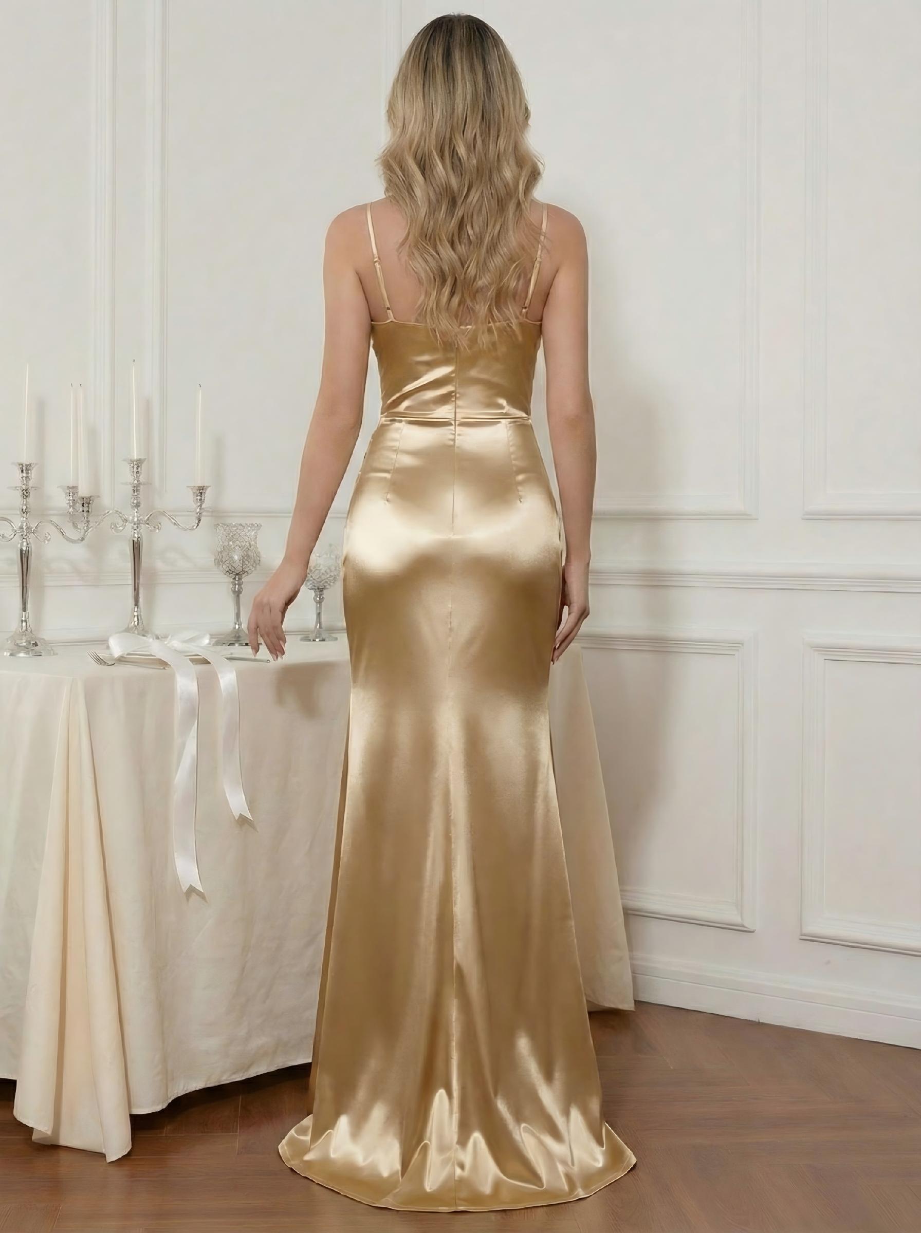 Satin Spaghetti Straps Sweetheart Sleeveless Mermaid Pleated Prom Dresses with Slit