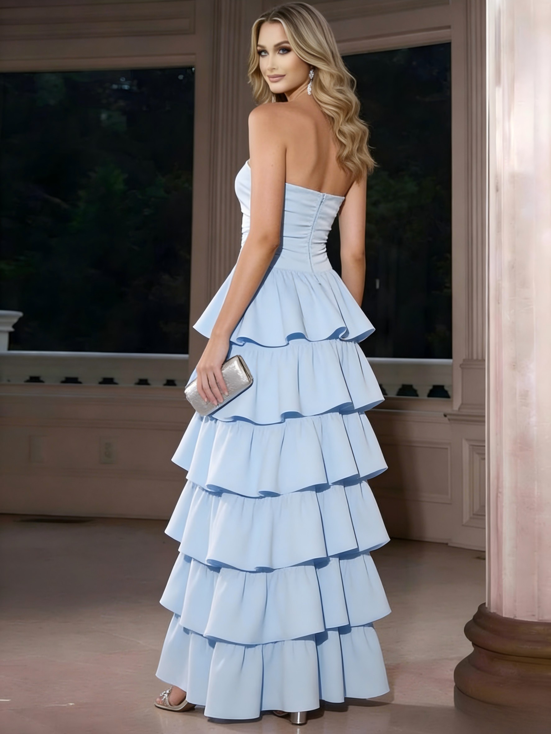 Chiffon Strapless A Line Sleeveless Mermaid Ruffles Pleated Prom Dresses
