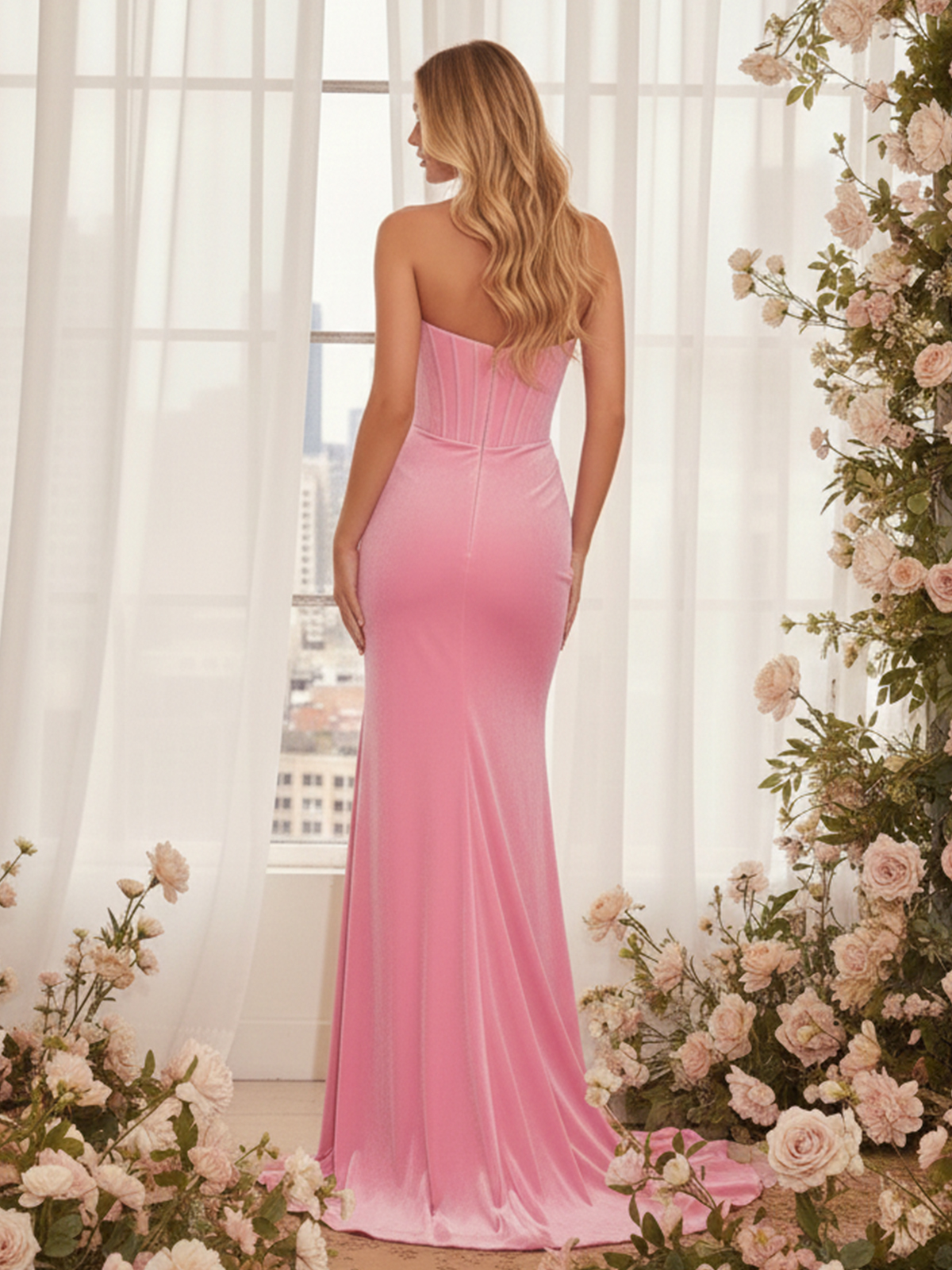 Satin Strapless Sweetheart Corset Ruched Prom Dresses with Slit