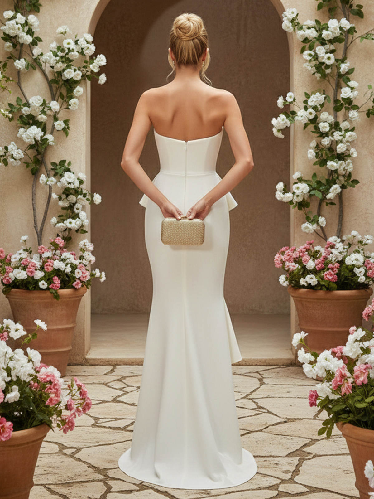 Satin Sweetheart Ruffles Strapless Corset Prom Dresses with Slit