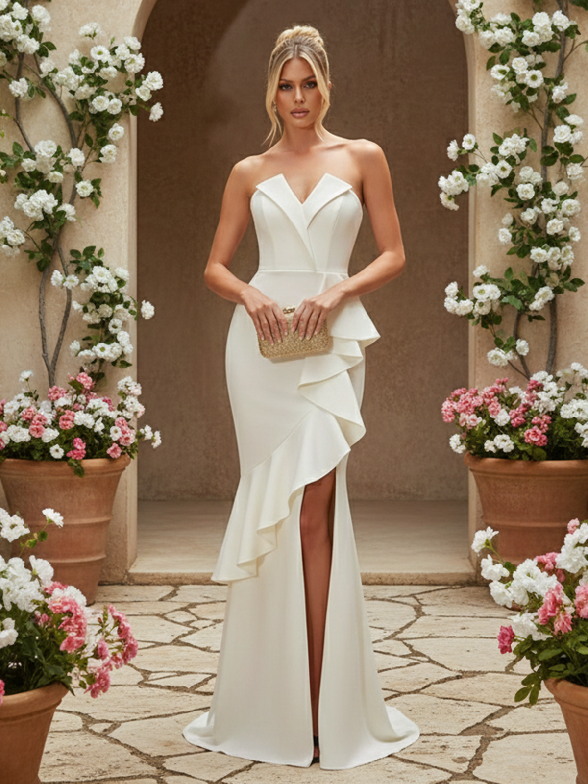 Satin Sweetheart Ruffles Strapless Corset Prom Dresses with Slit