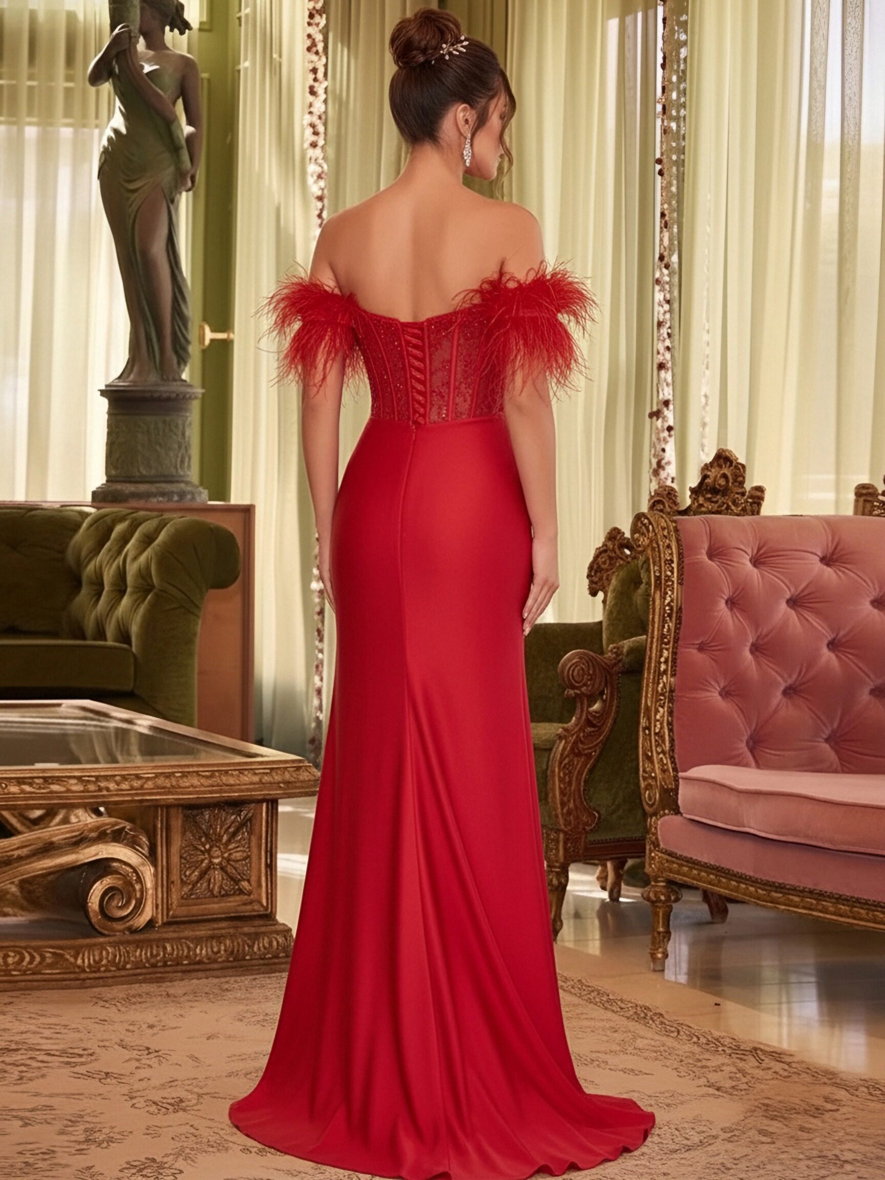 Satin Lace Appliques Sweetheart Off the Shoulder Strapless Corset Prom Dresses with Slit