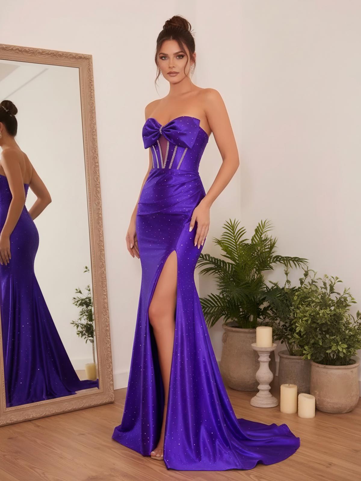 Sequin Strapless Mermaid Sweetheart Sleeveless Pleated Prom Dresses with Slit