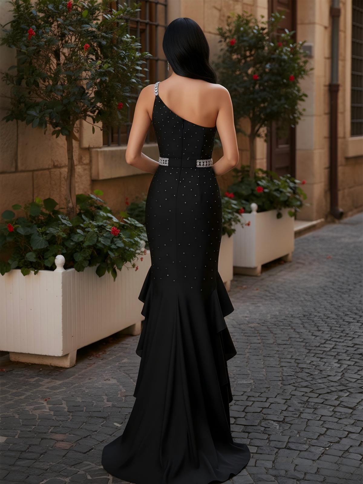 One Shoulder Mermaid Sequin Pleated Ruffles Prom Dresses with Slit