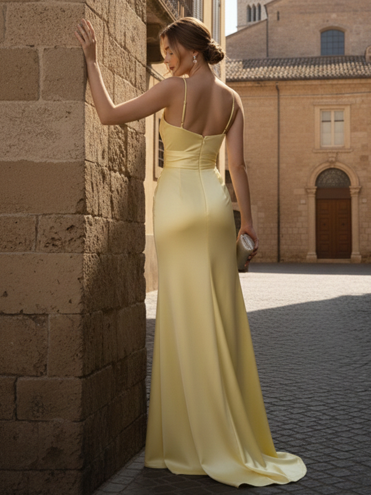 V Neck Spaghetti Straps Satin Sleeveless Prom Dresses with Slit