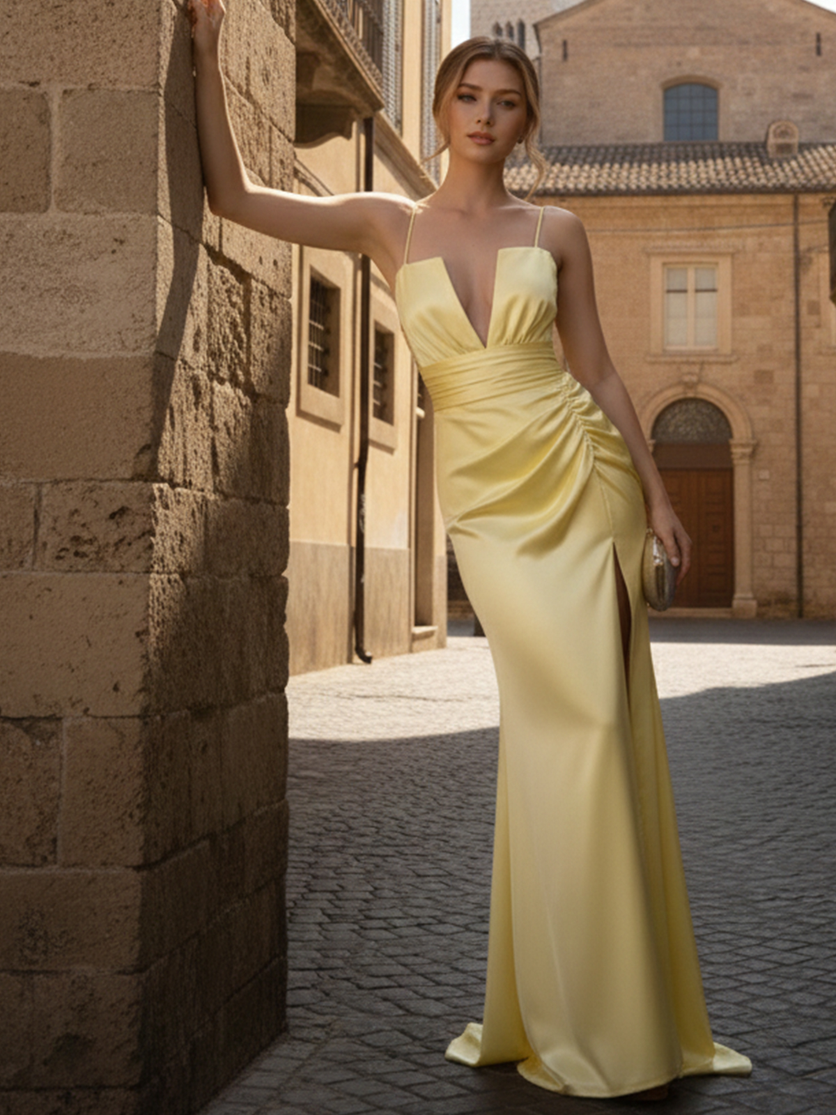 V Neck Spaghetti Straps Satin Sleeveless Prom Dresses with Slit