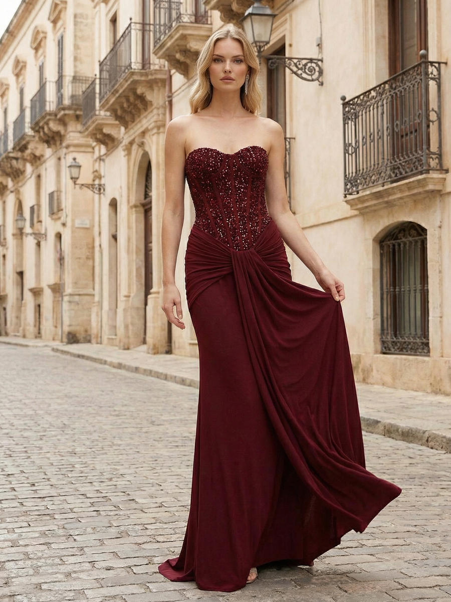 Sequin Corset Pleated Strapless Sparkly Prom Dresses