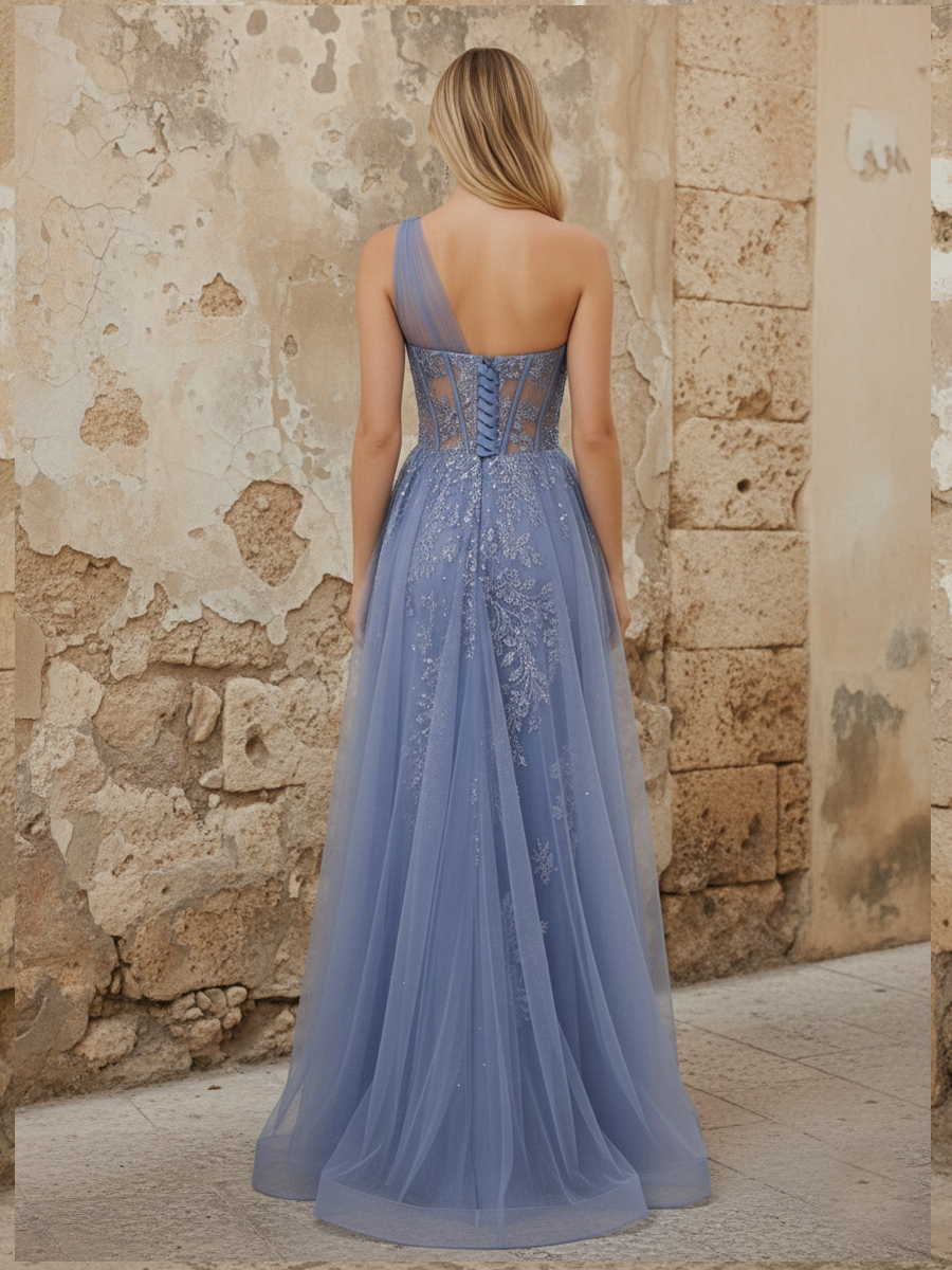 One Shoulder Sparkly Tulle Lace Appliques Mermaid Prom Dresses with Slit