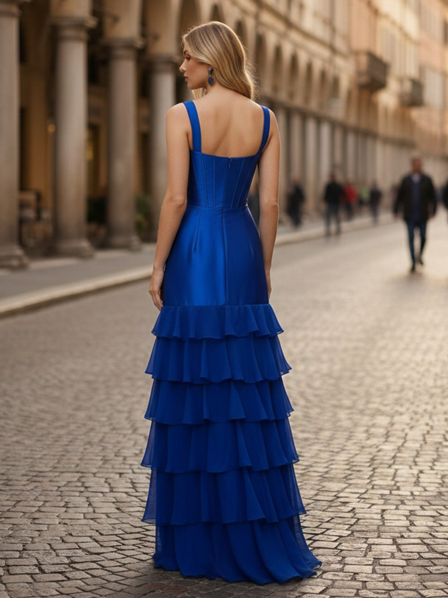 Spaghetti Straps Tiered V Neck Mermaid Pleated Prom Dresses