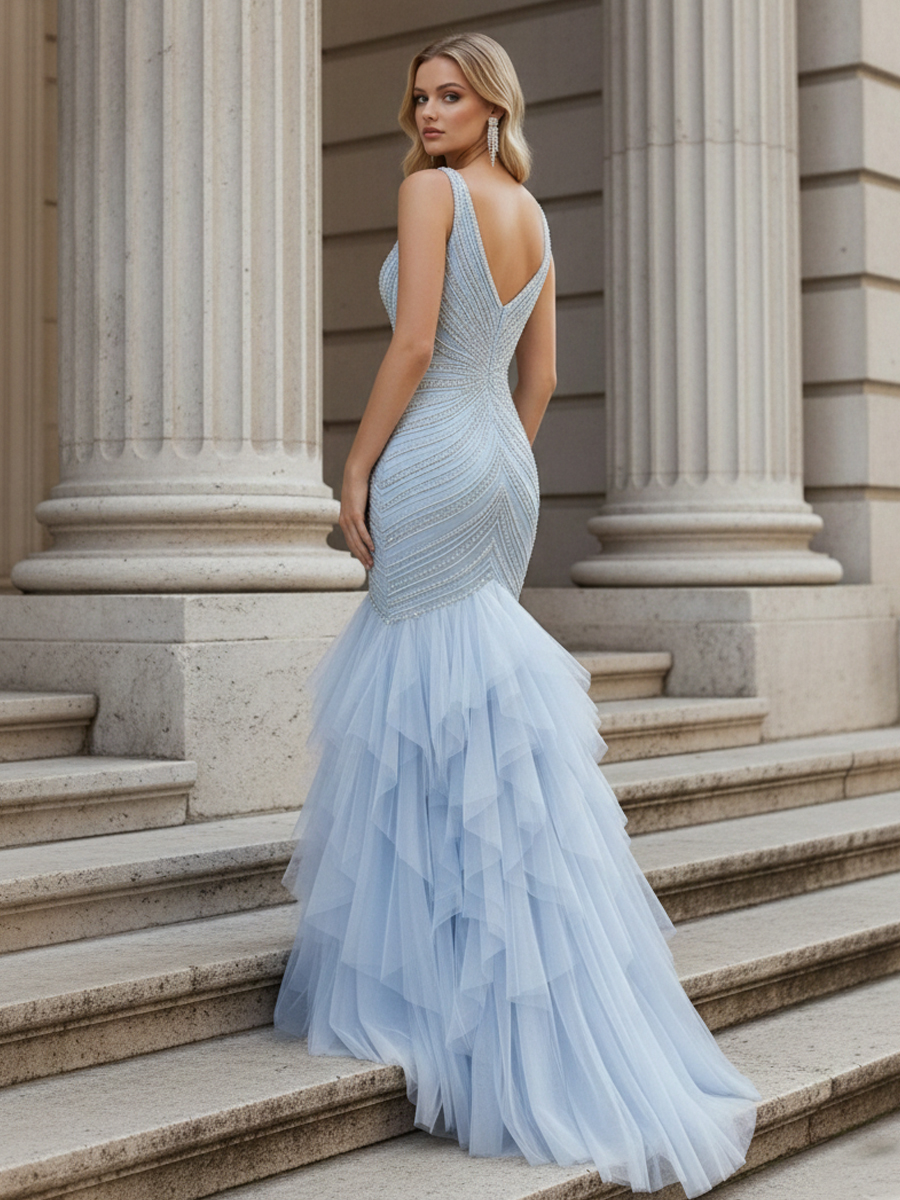 V Neck Tulle Sparkly Tiered Mermaid Prom Dresses