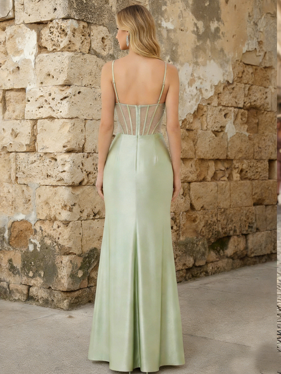 Spaghetti Straps Lace Appliques V Neck Mermaid Prom Dresses with Slit