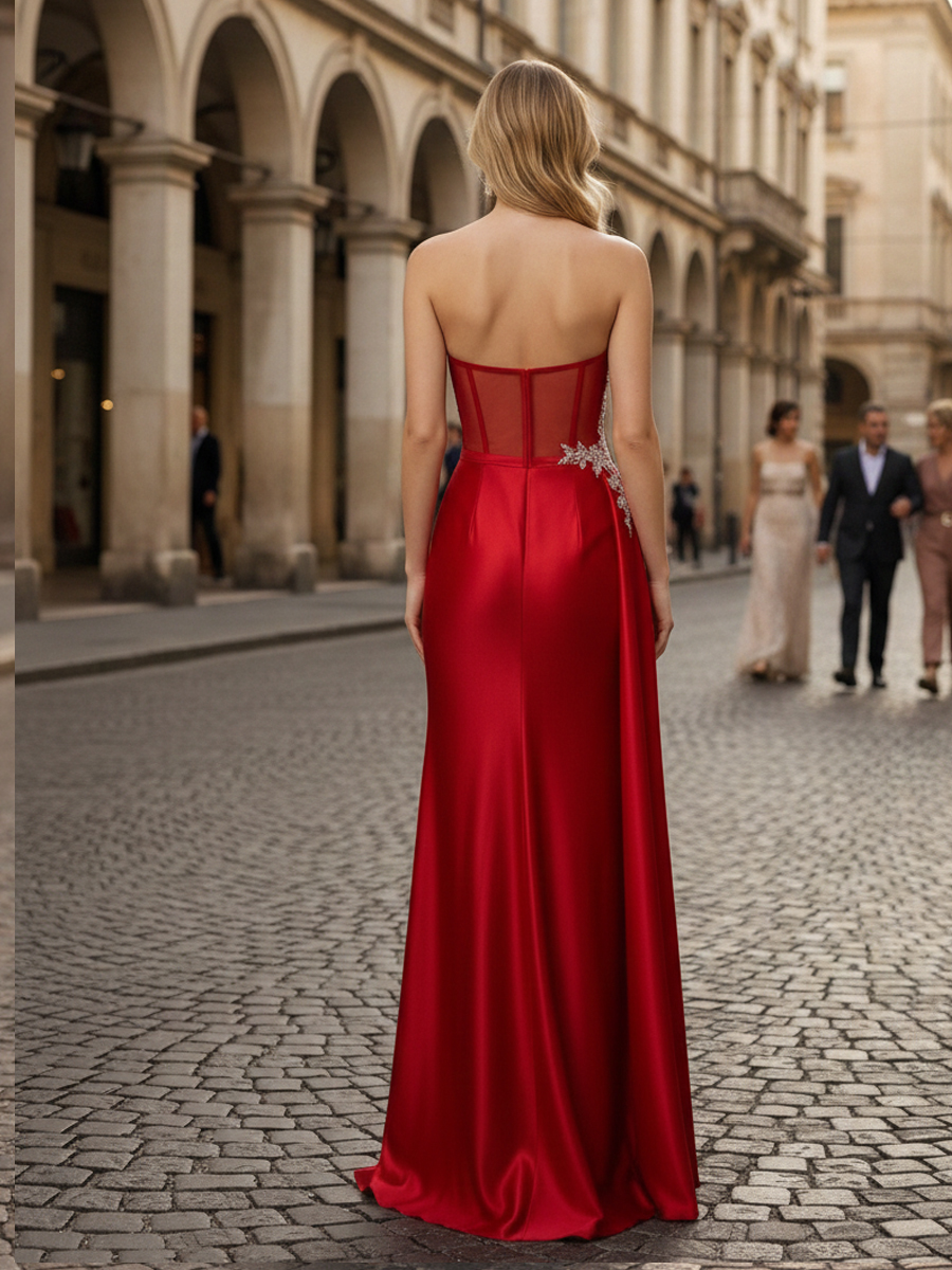 Strapless Lace Appliques Mermaid Prom Dresses with Slit