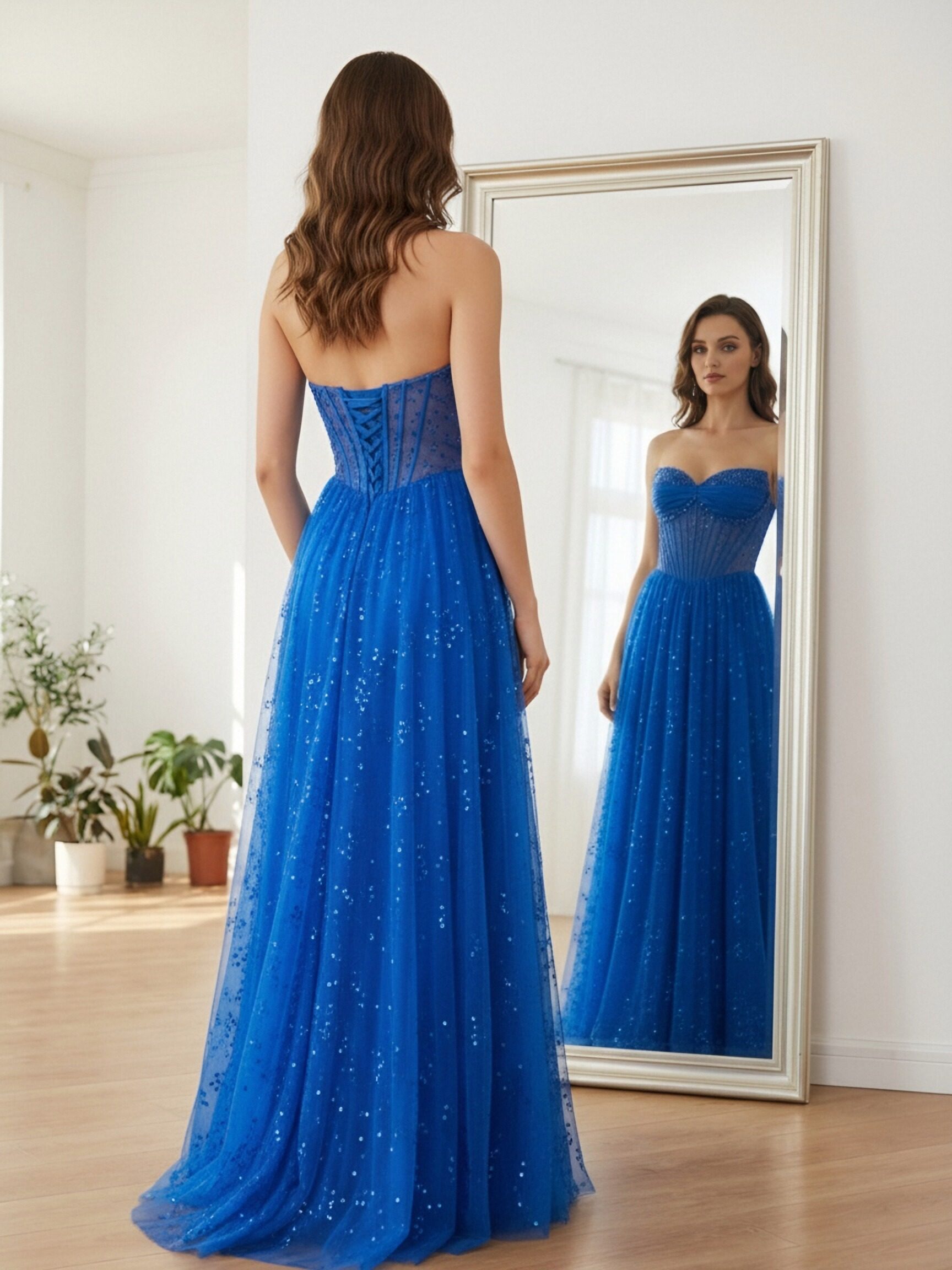 Sweetheart Corset Sparkly A Line Tulle Prom Dresses