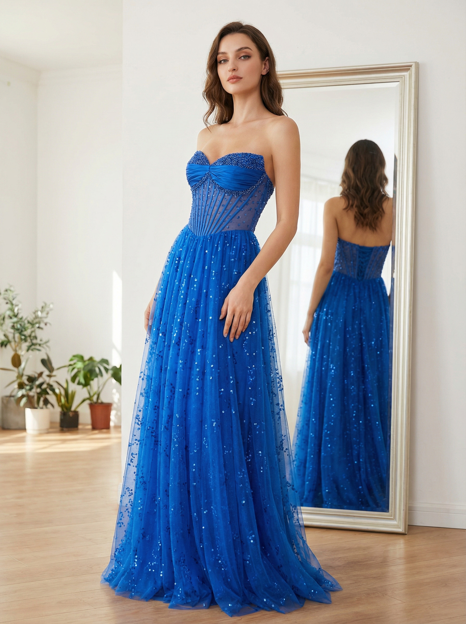 Sweetheart Corset Sparkly A Line Tulle Prom Dresses