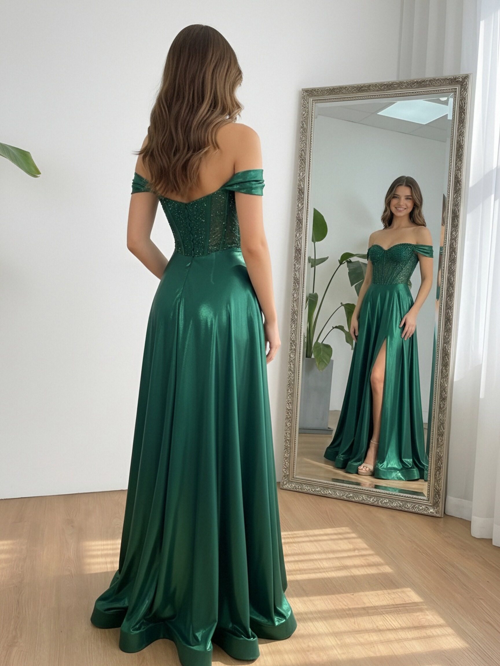 Off the Shoulder Satin Sweetheart Corset Sparkly A Line Prom Dresses with Slit