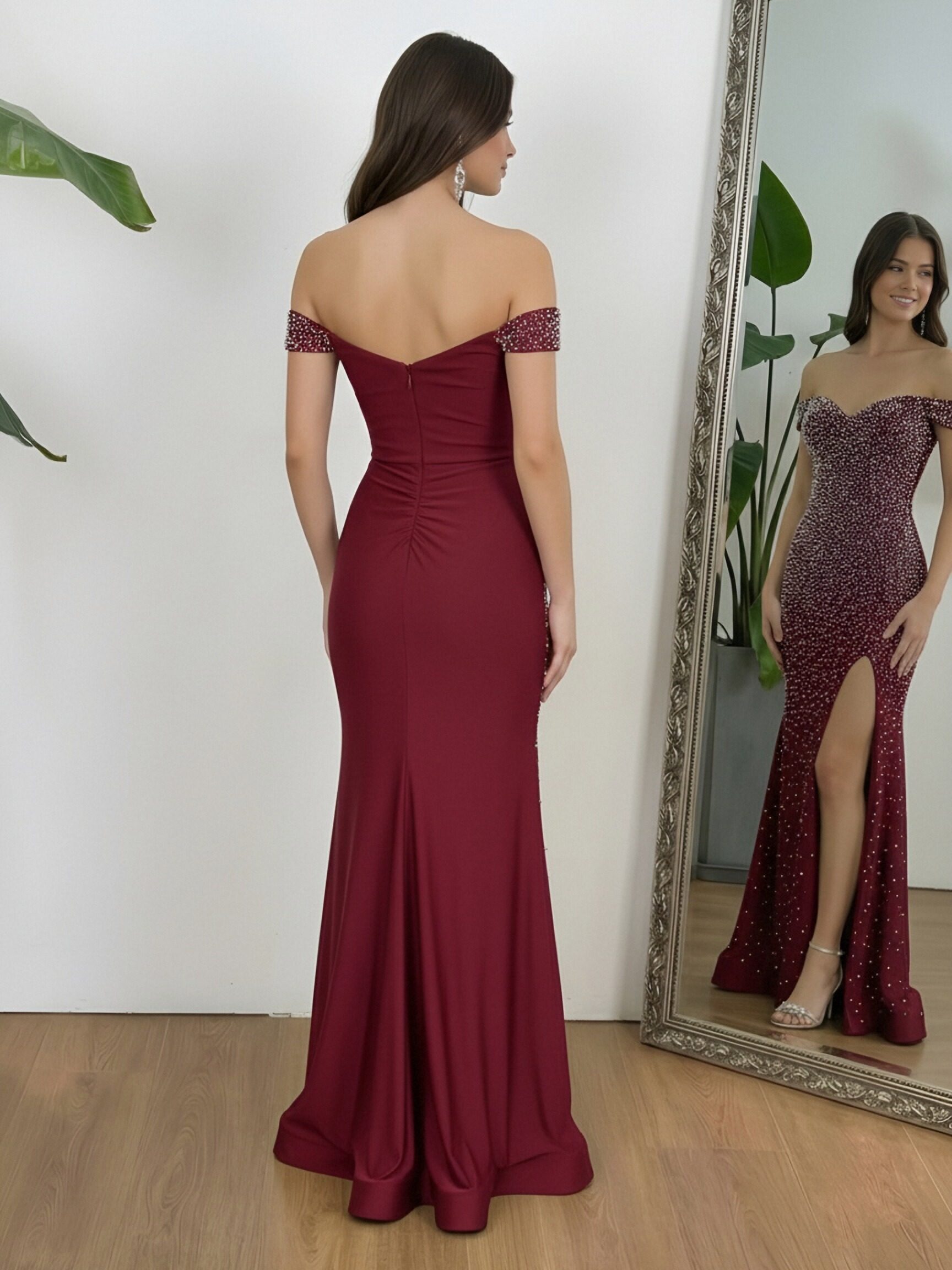 Sequin Off the Shoulder V Neck Sparkly Prom Dresses with Slit