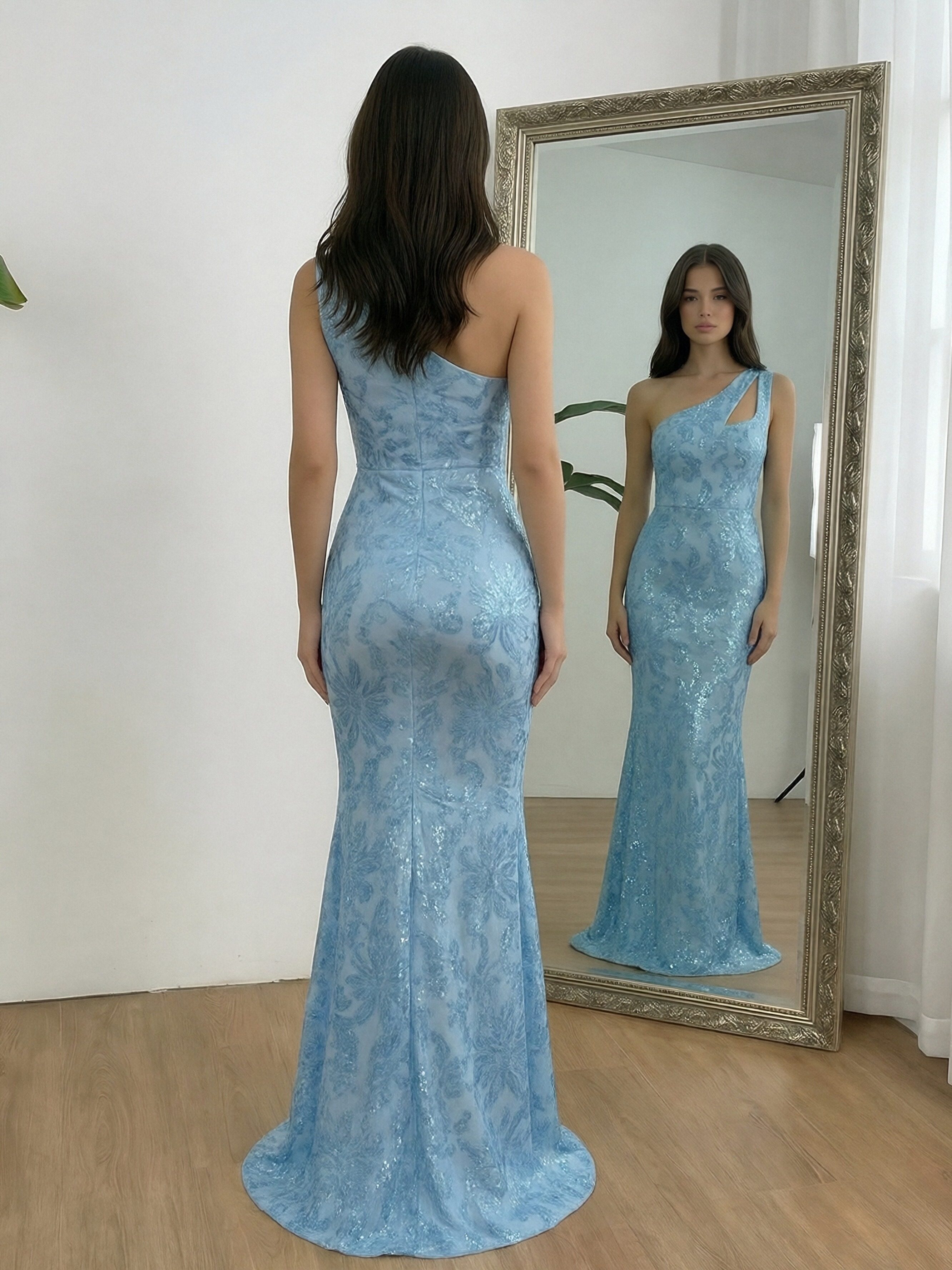 Tulle Lace Appliques One Shoulder Cut Out Sequin Sparkly Prom Dresses