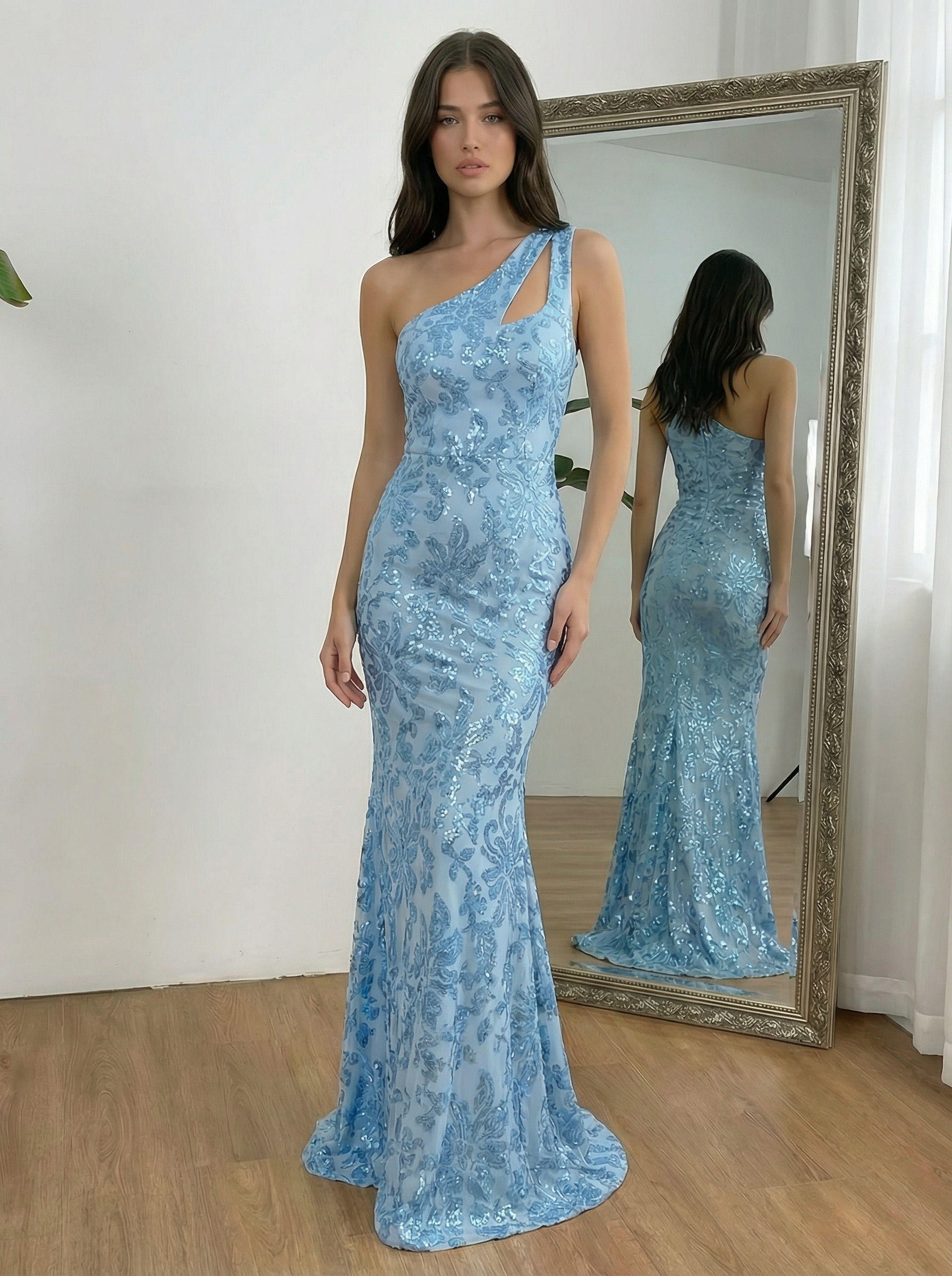 Tulle Lace Appliques One Shoulder Cut Out Sequin Sparkly Prom Dresses