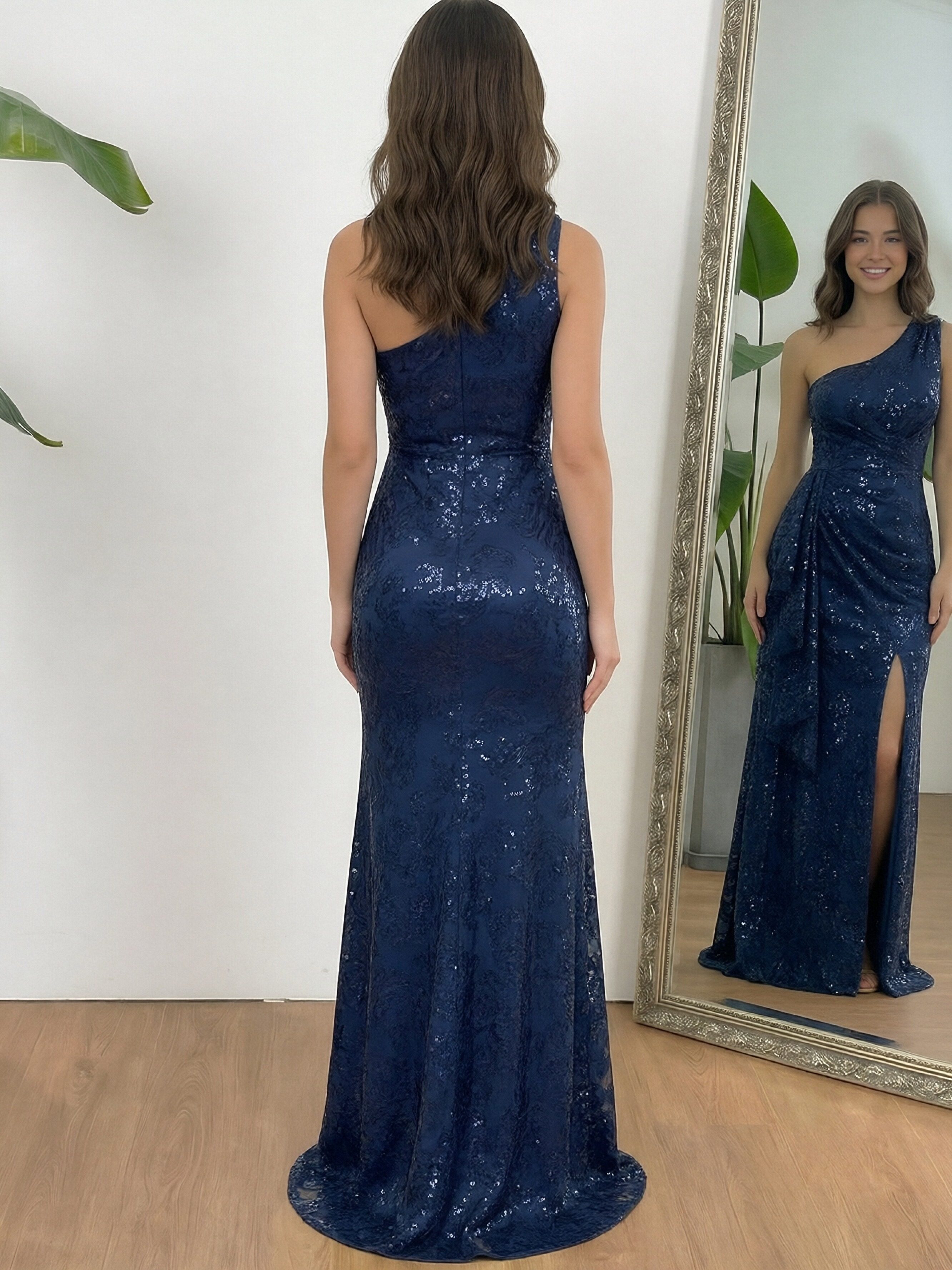 Ruffles One Shoulder Sparkly Prom Dresses with Slit