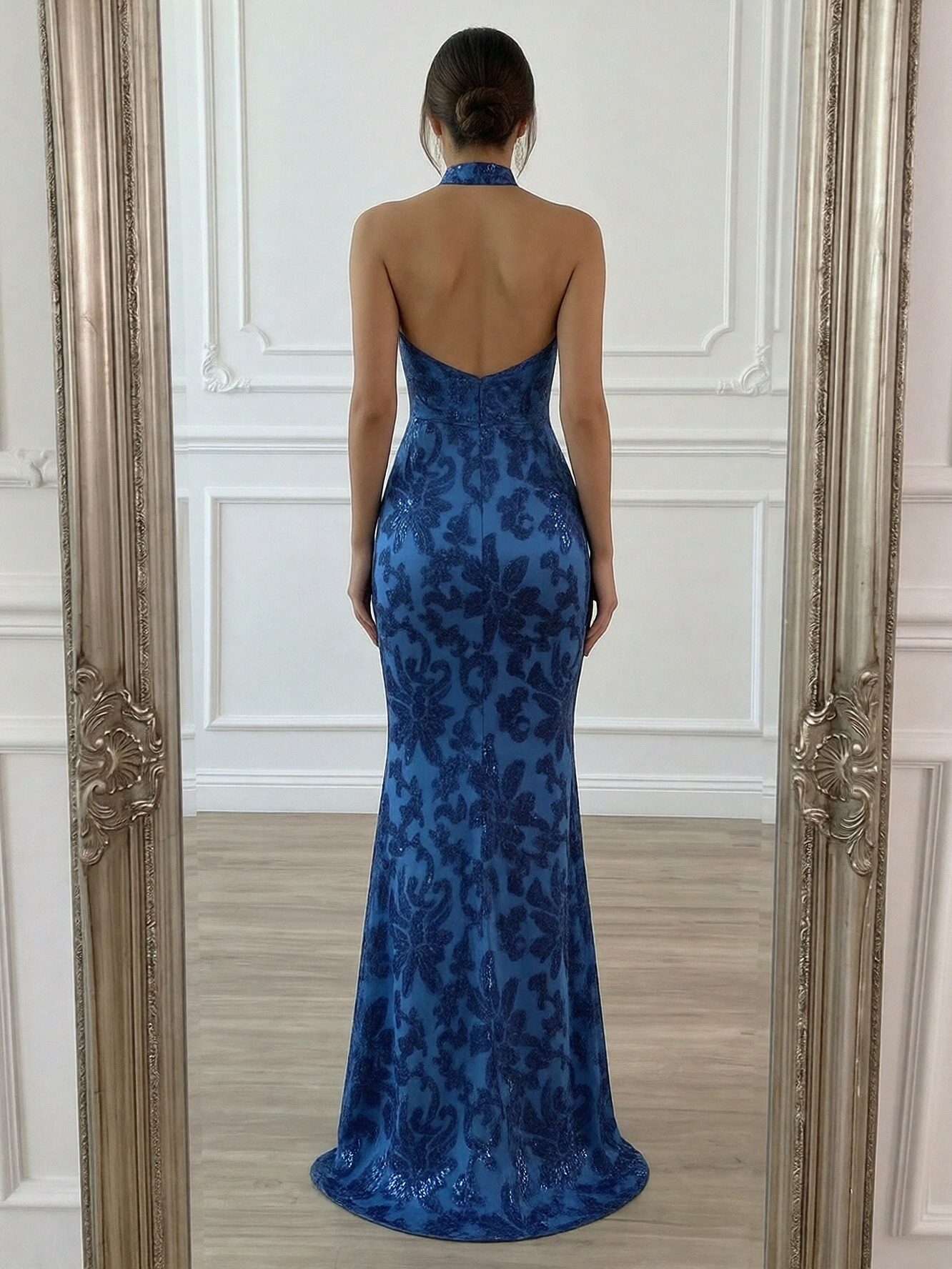 Tulle Lace Appliques Halter Sequin Sparkly Prom Dresses