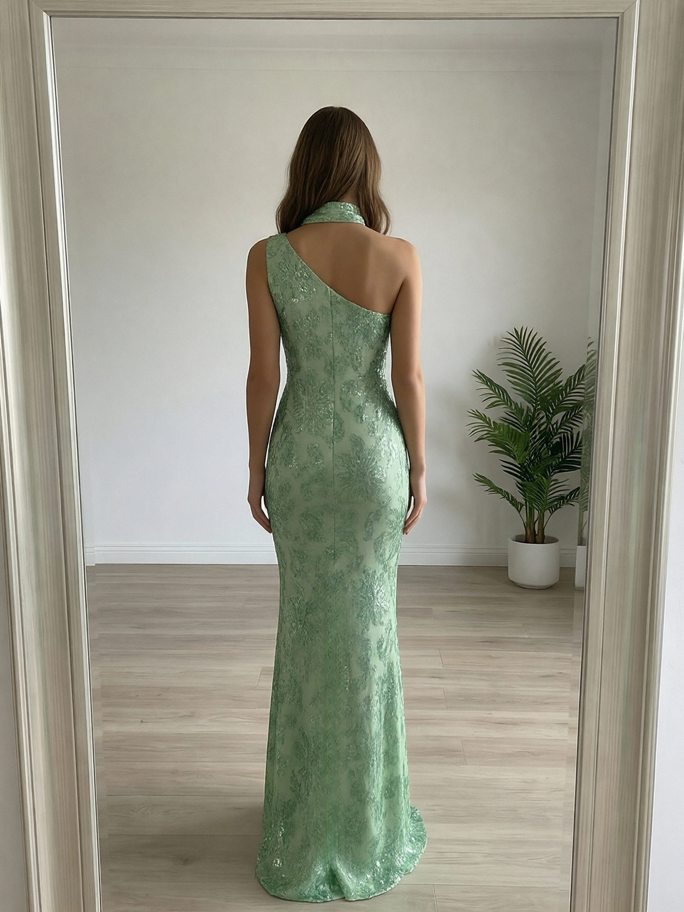 One Shoulder Scarf Tulle Lace Appliques Sparkly Prom Dresses