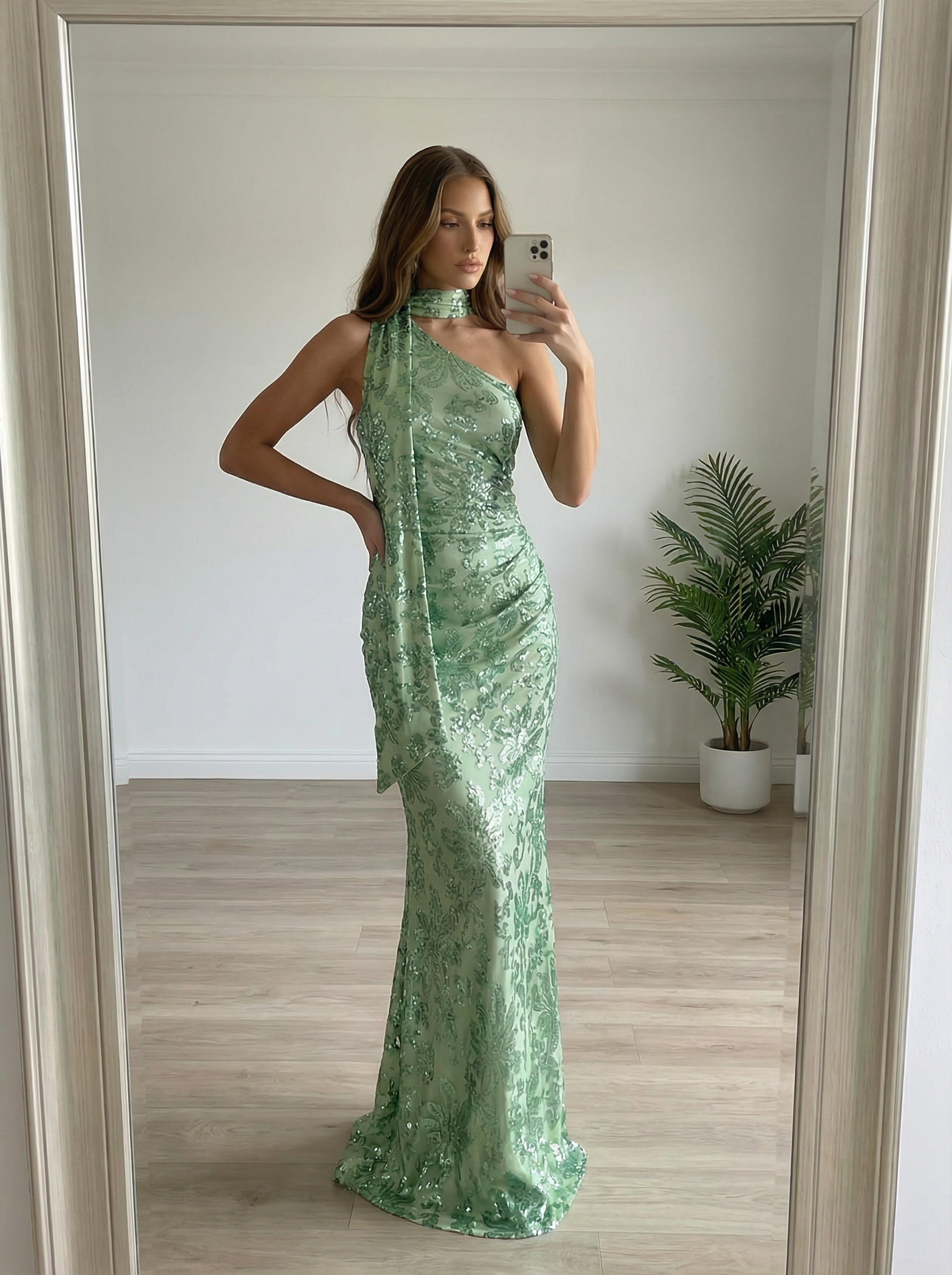 One Shoulder Scarf Tulle Lace Appliques Sparkly Prom Dresses