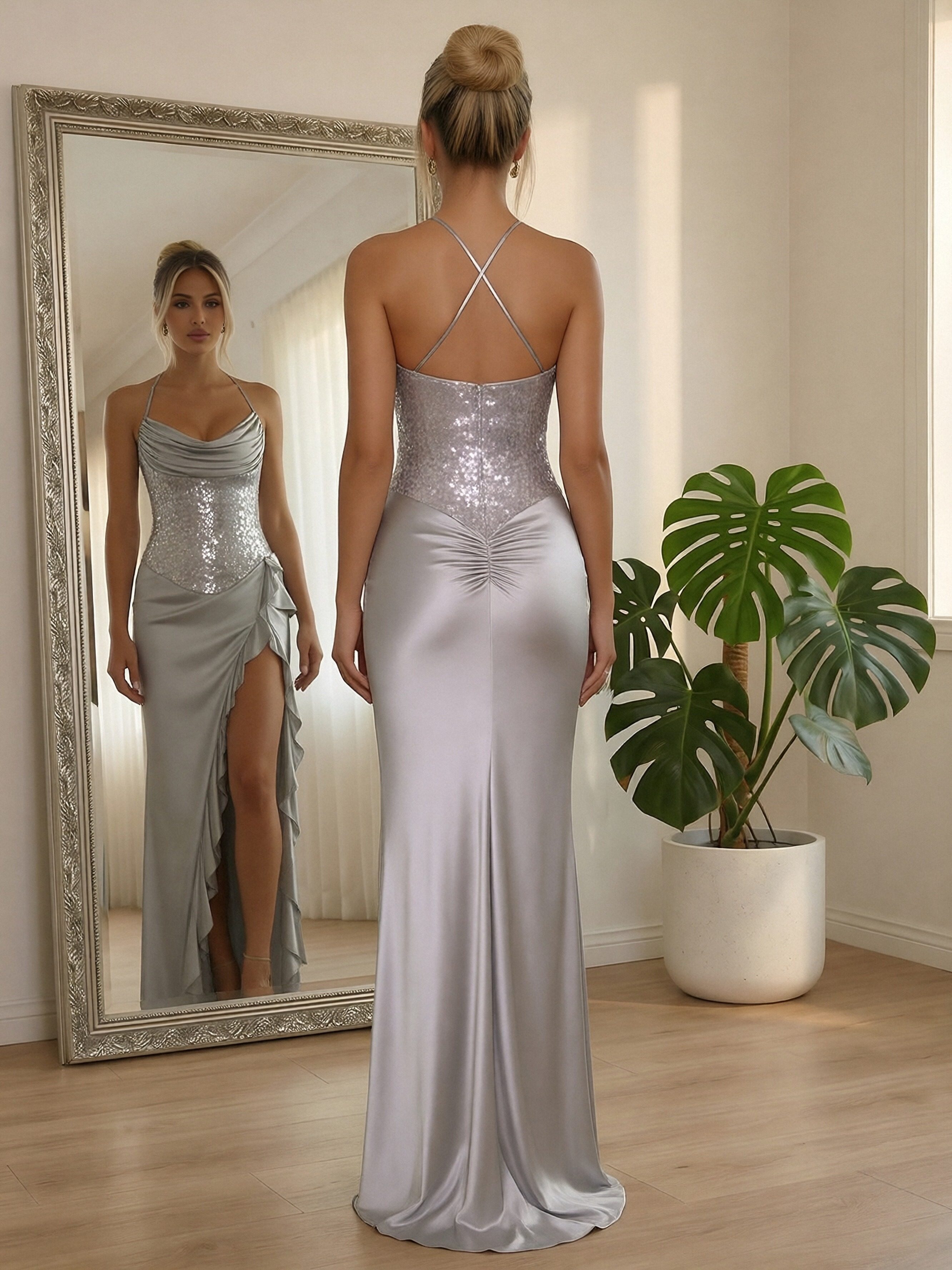 Satin Spaghetti Straps Cowl Neck Ruffles Sparkly Prom Dresses with Slit