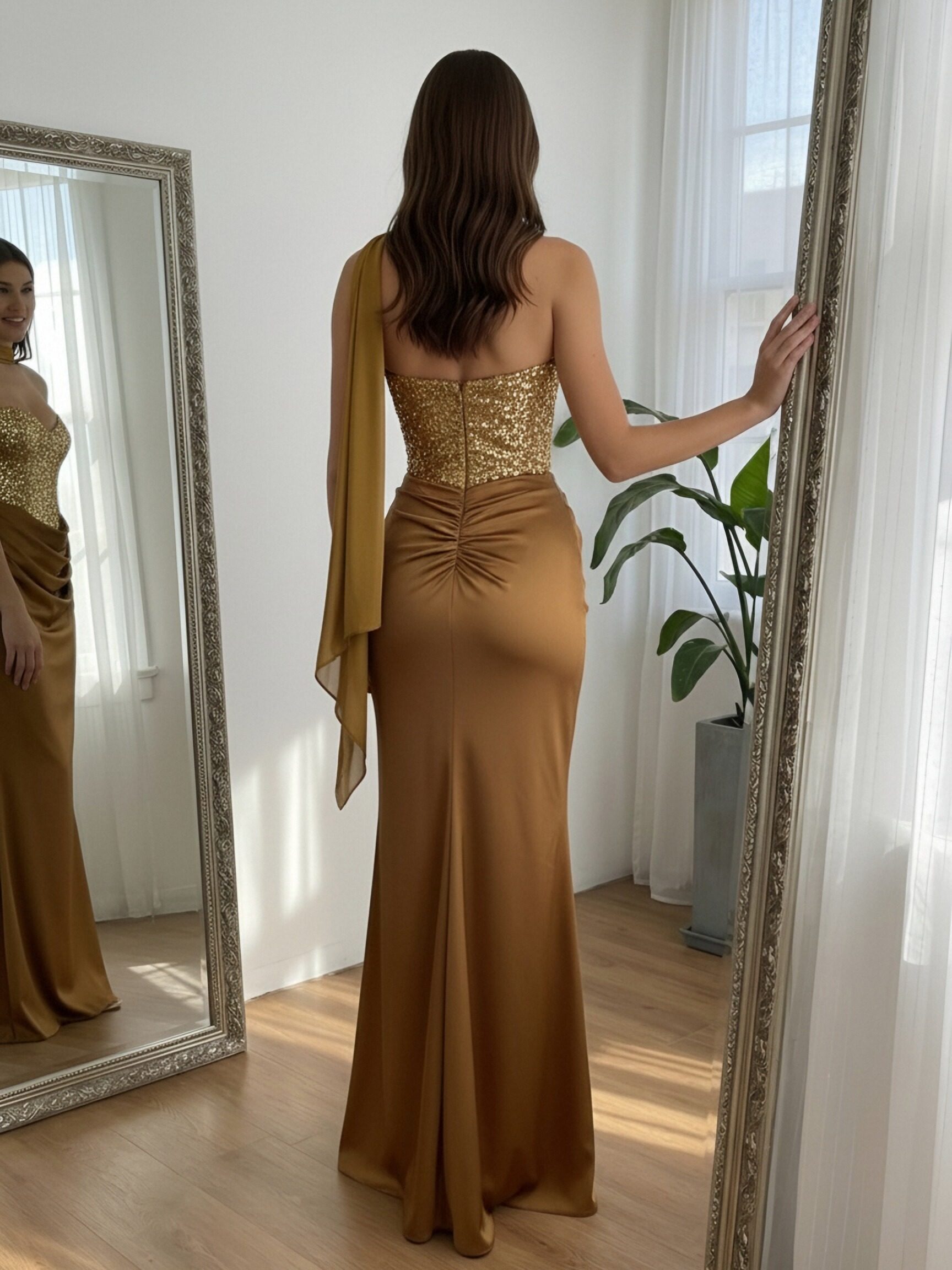 Satin Strapless Drop Waist Pleated Sparkly Prom Dresses with Scarf