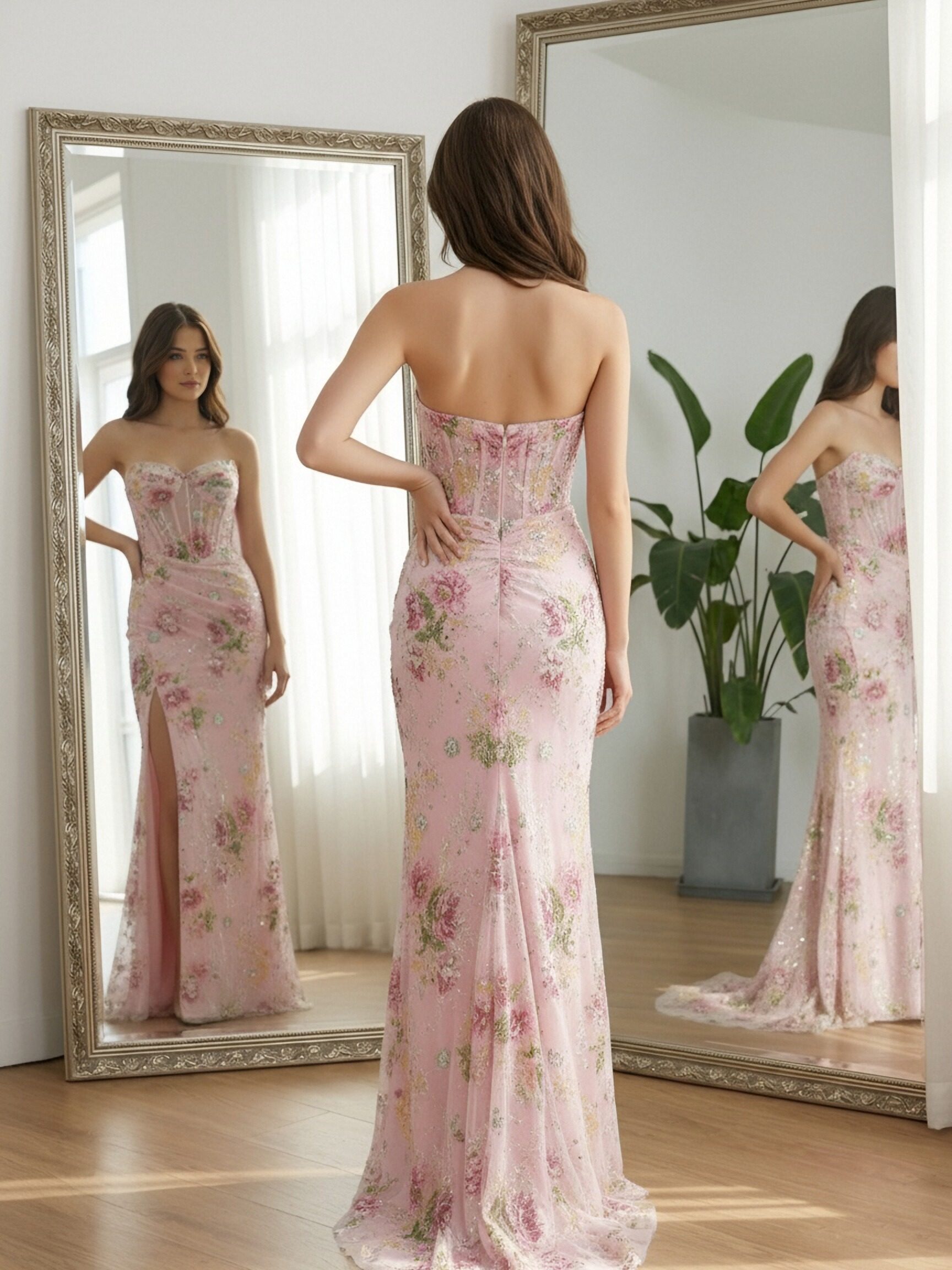 Floral Print Strapless Pleated Mermaid Prom Dresses with Slit