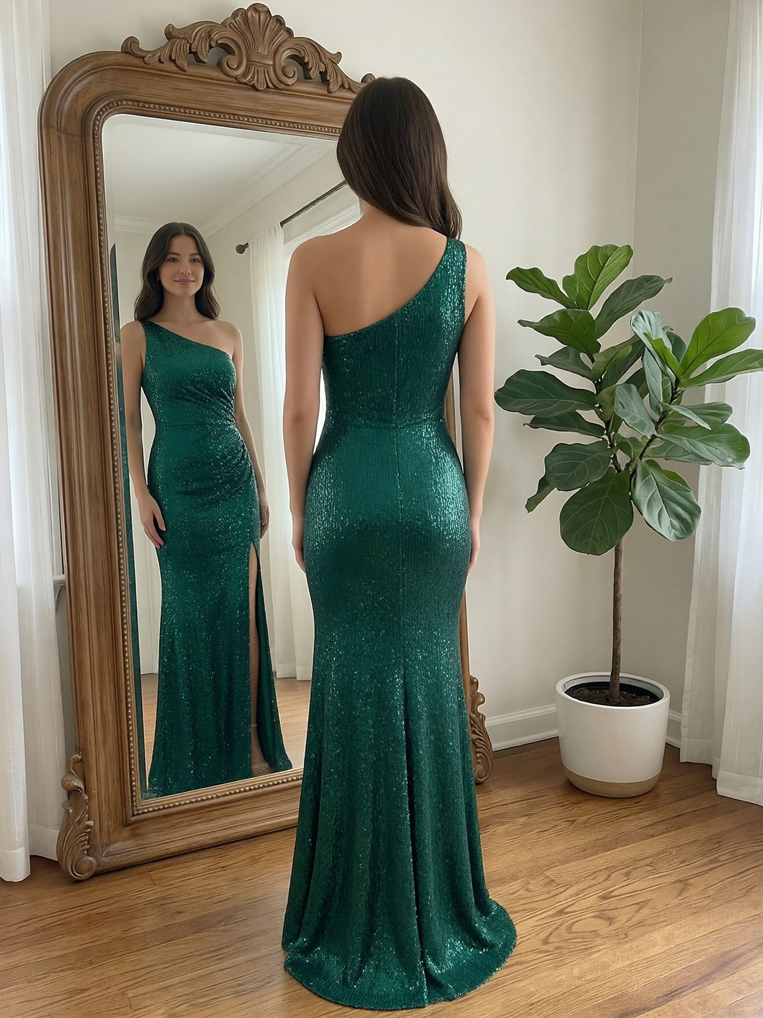 Sequin One Shoulder Pleated Sparkly Prom Dresses with Slit