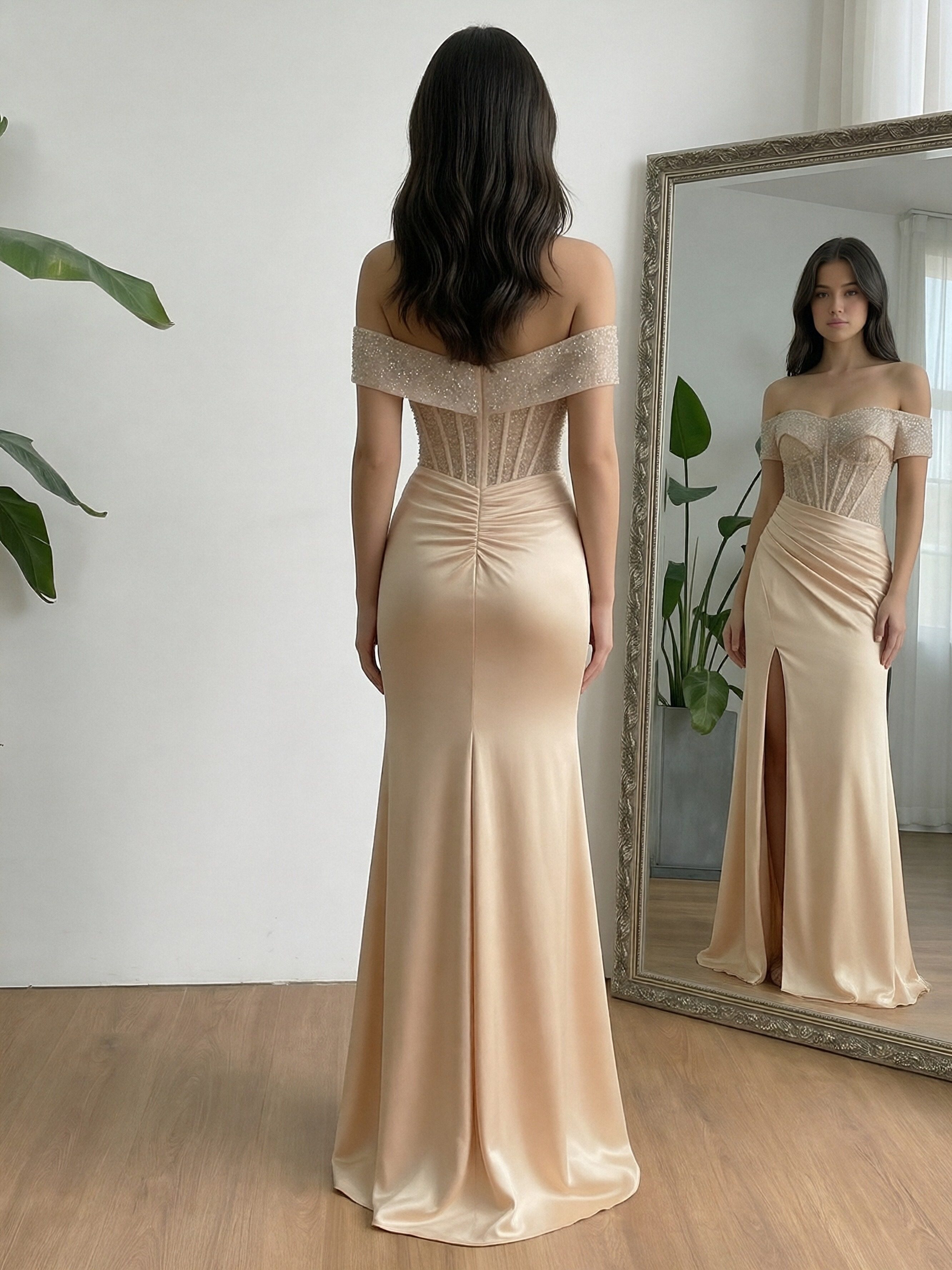 Pleated Corset Off the Shoulder Satin Sparkly Prom Dresses with Slit