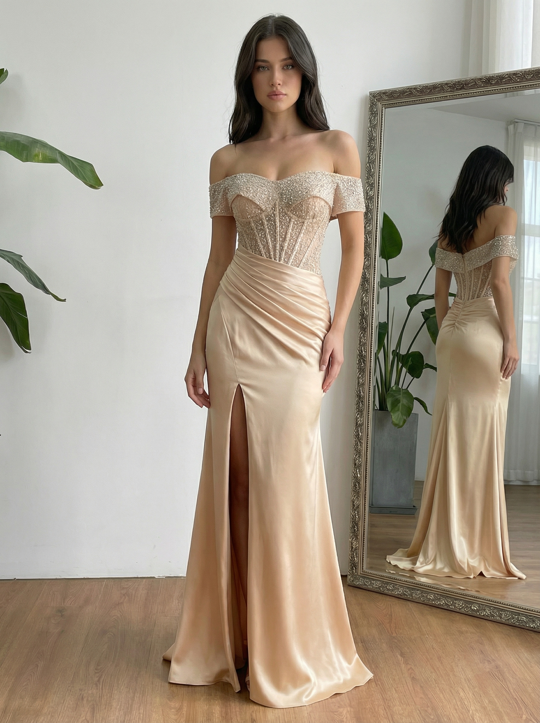 Pleated Corset Off the Shoulder Satin Sparkly Prom Dresses with Slit