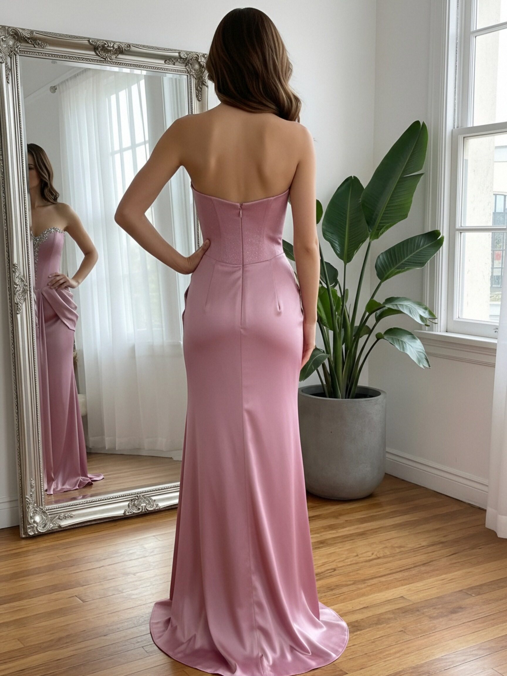 Satin V Neck Ruffles Sequin Pleated Sparkly Prom Dresses