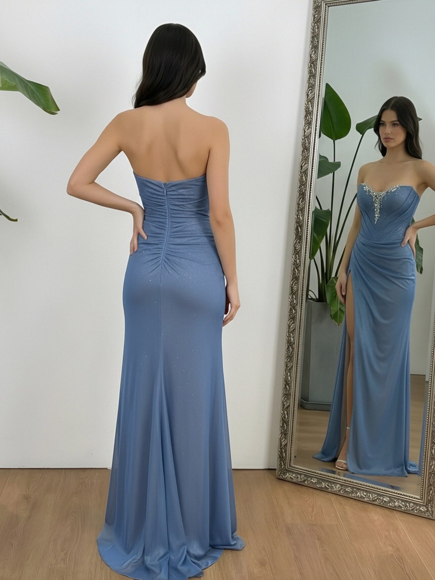 Satin V Neck Sequin Pleated Sparkly Prom Dresses with Slit