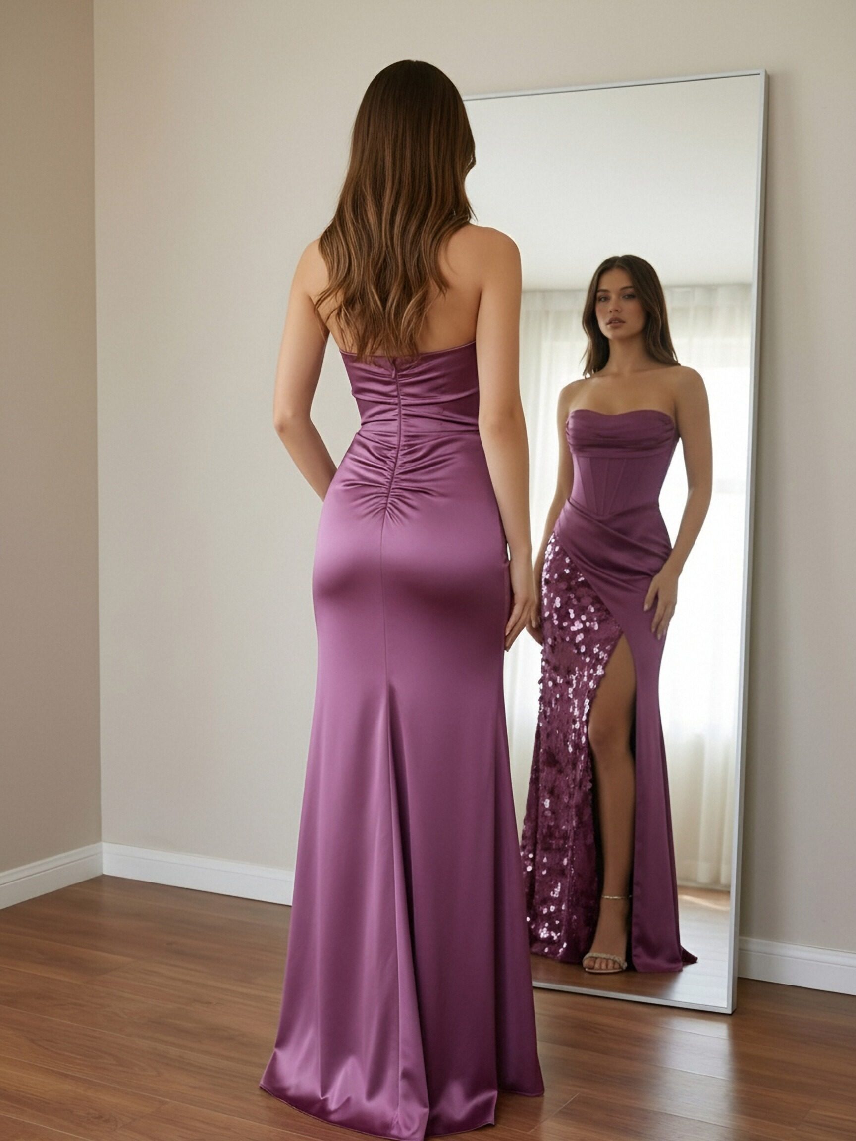 Satin Strapless Sequin Pleated Sparkly Prom Dresses with Slit