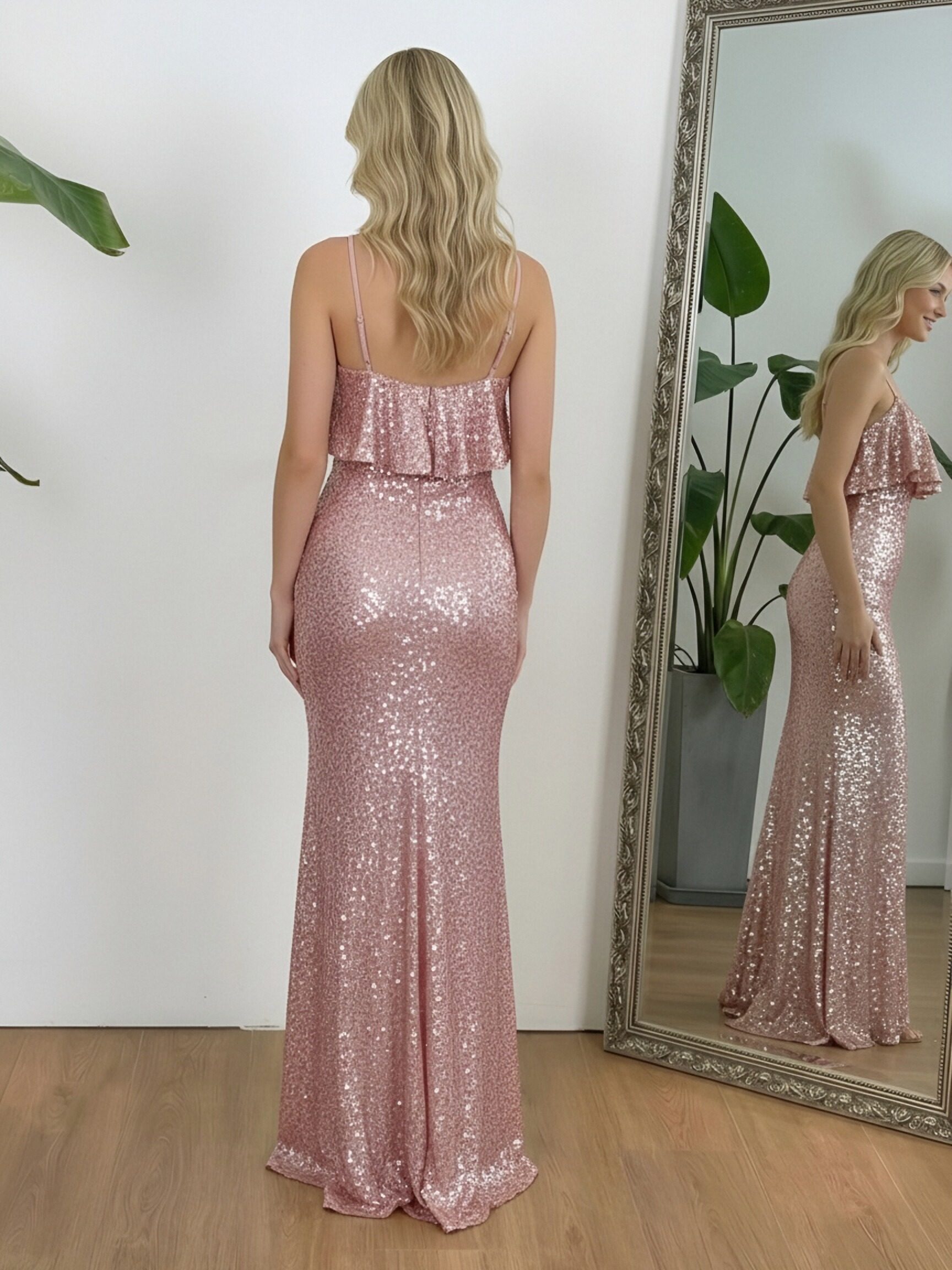 Sequin Spaghetti Straps Ruffles Strapless Sparkly Prom Dresses with Slit