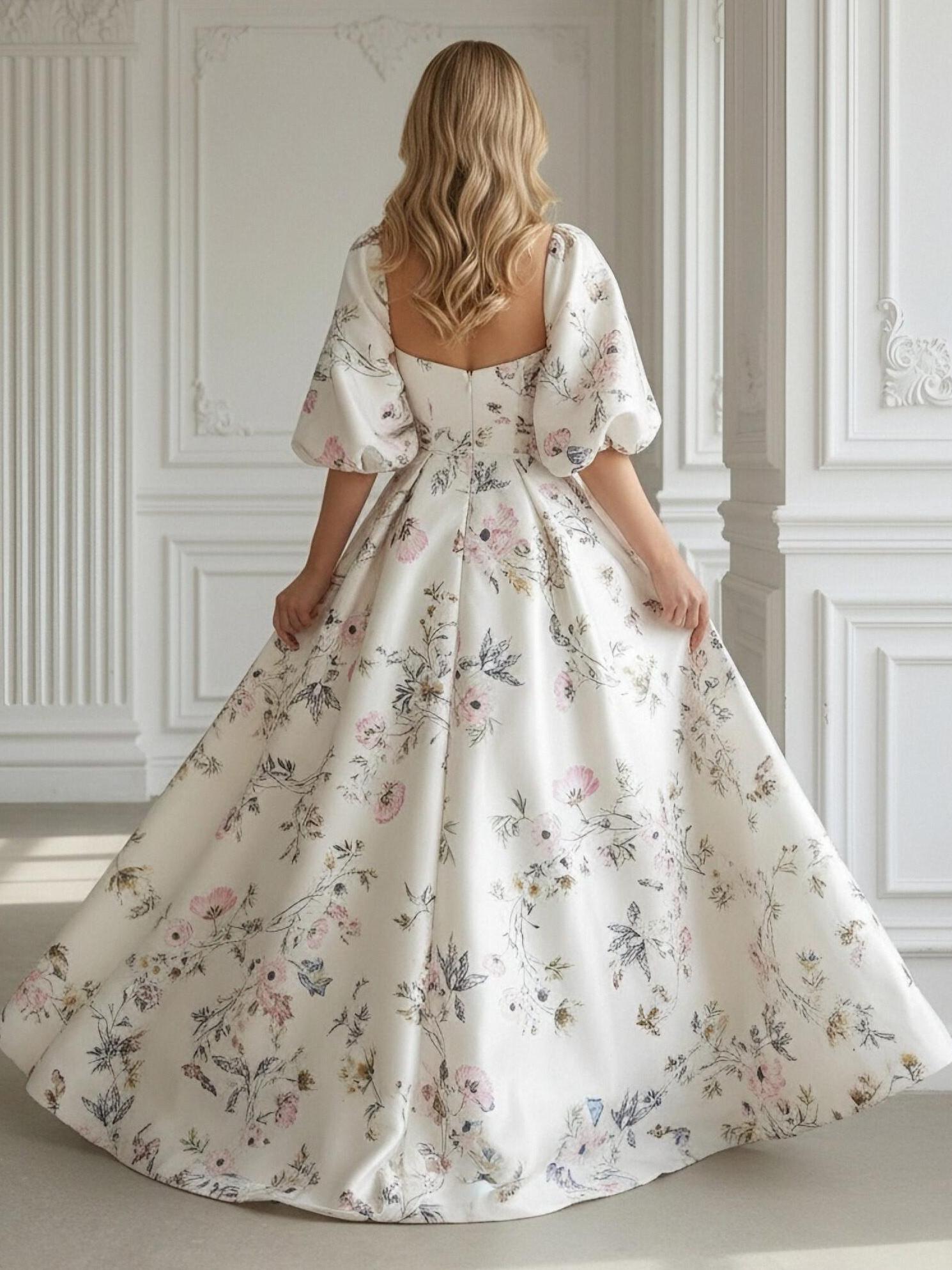 Short Sleeves Sweetheart Floral Print Pleated A Line Prom Dresses with Slit