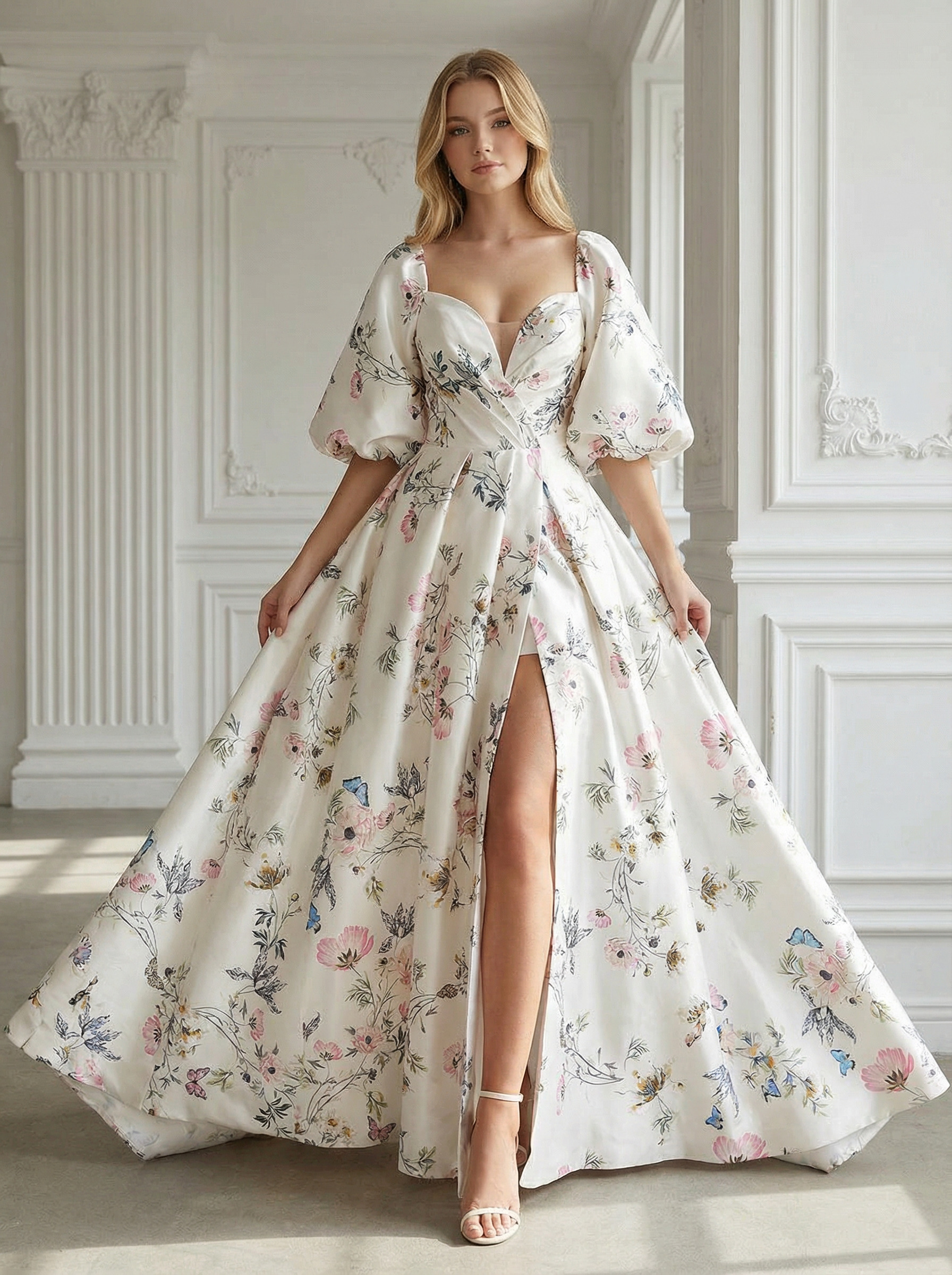 Short Sleeves Sweetheart Floral Print Pleated A Line Prom Dresses with Slit